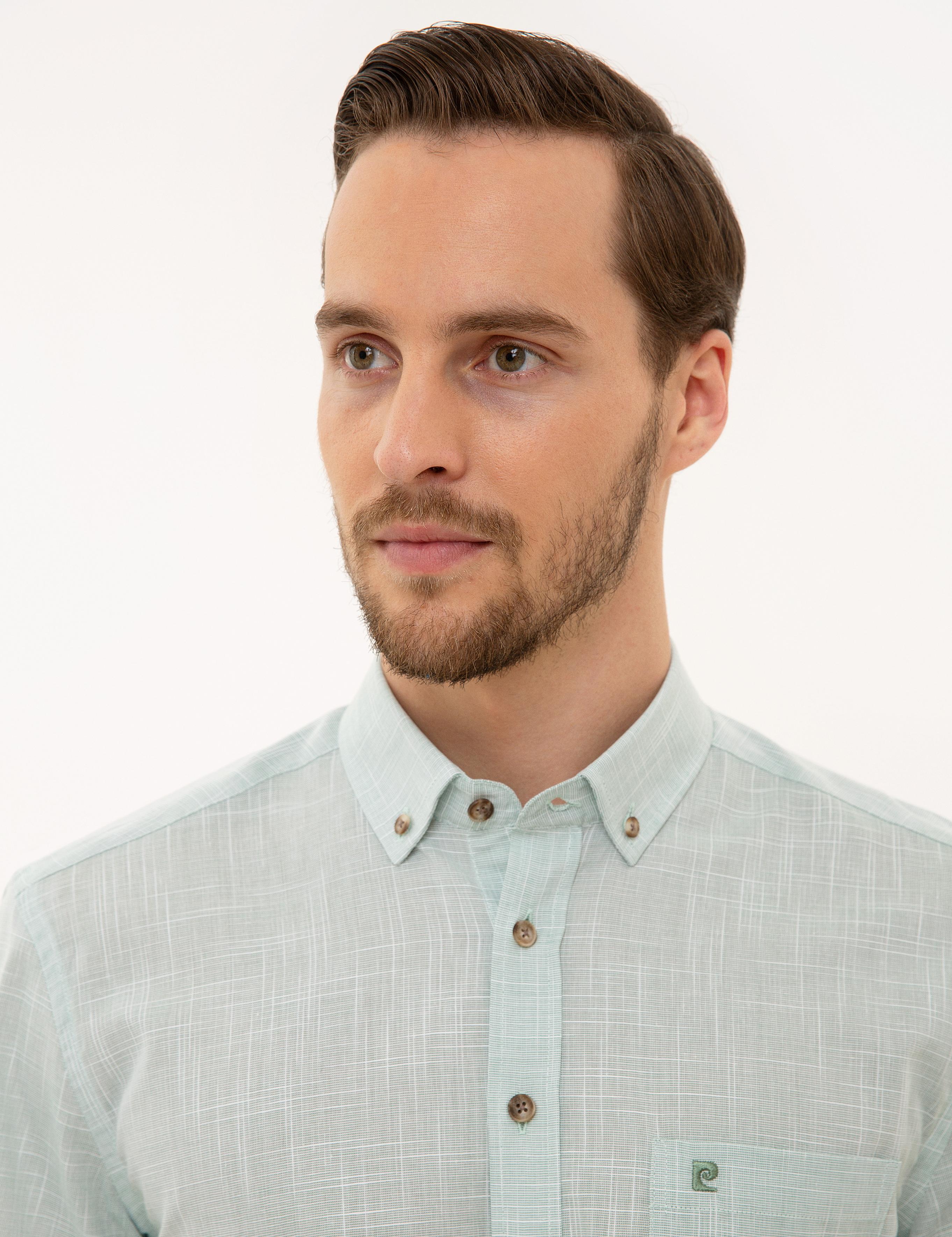 Yeşil Regular Fit Keten Görünümlü Kısa Kollu Gömlek