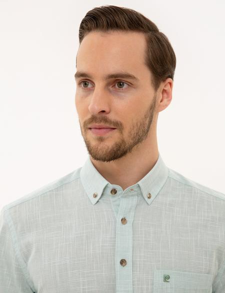 Yeşil Regular Fit Keten Görünümlü Kısa Kollu Gömlek - 50227445018