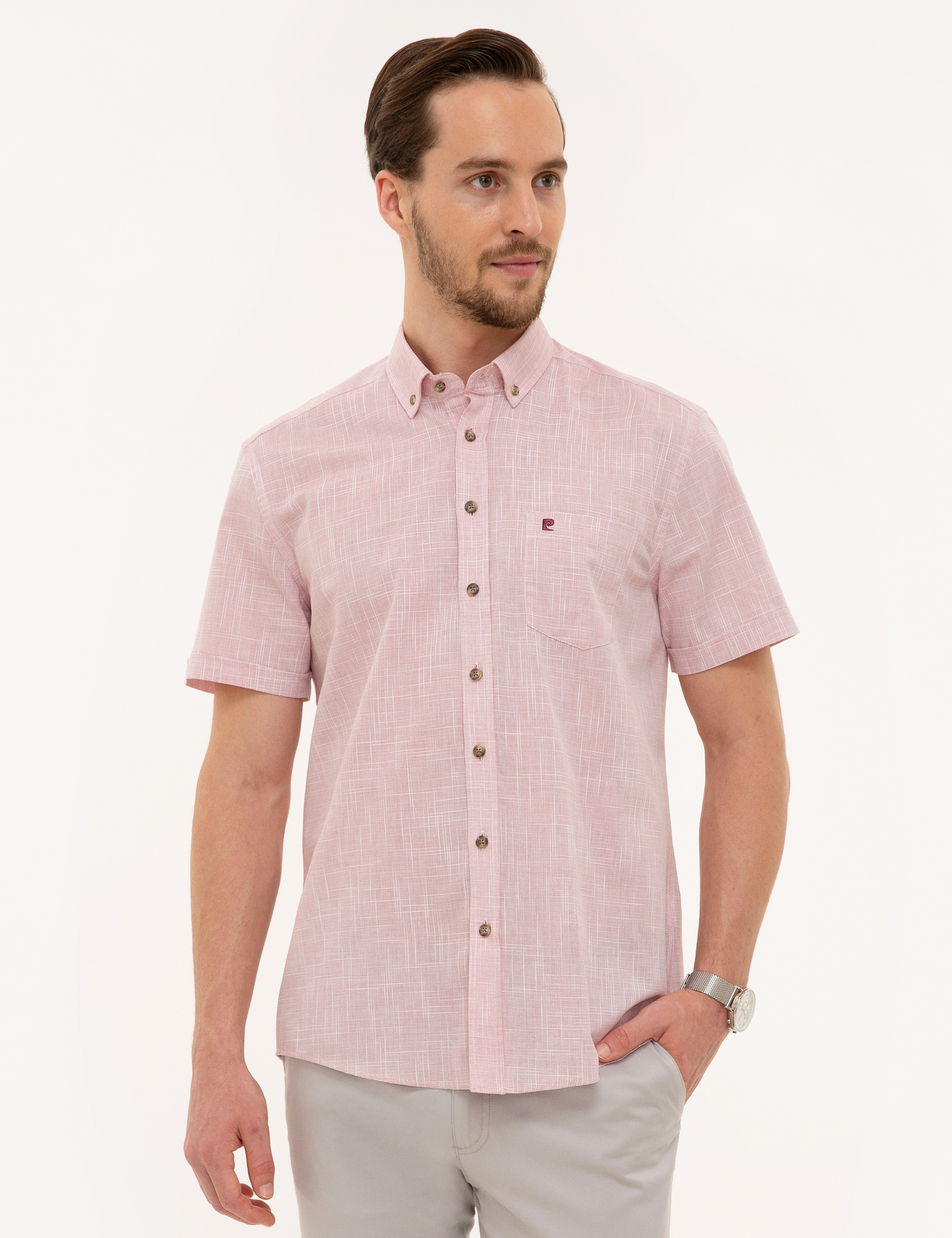 Bordo Regular Fit Keten Görünümlü Kısa Kollu Gömlek - Image 1