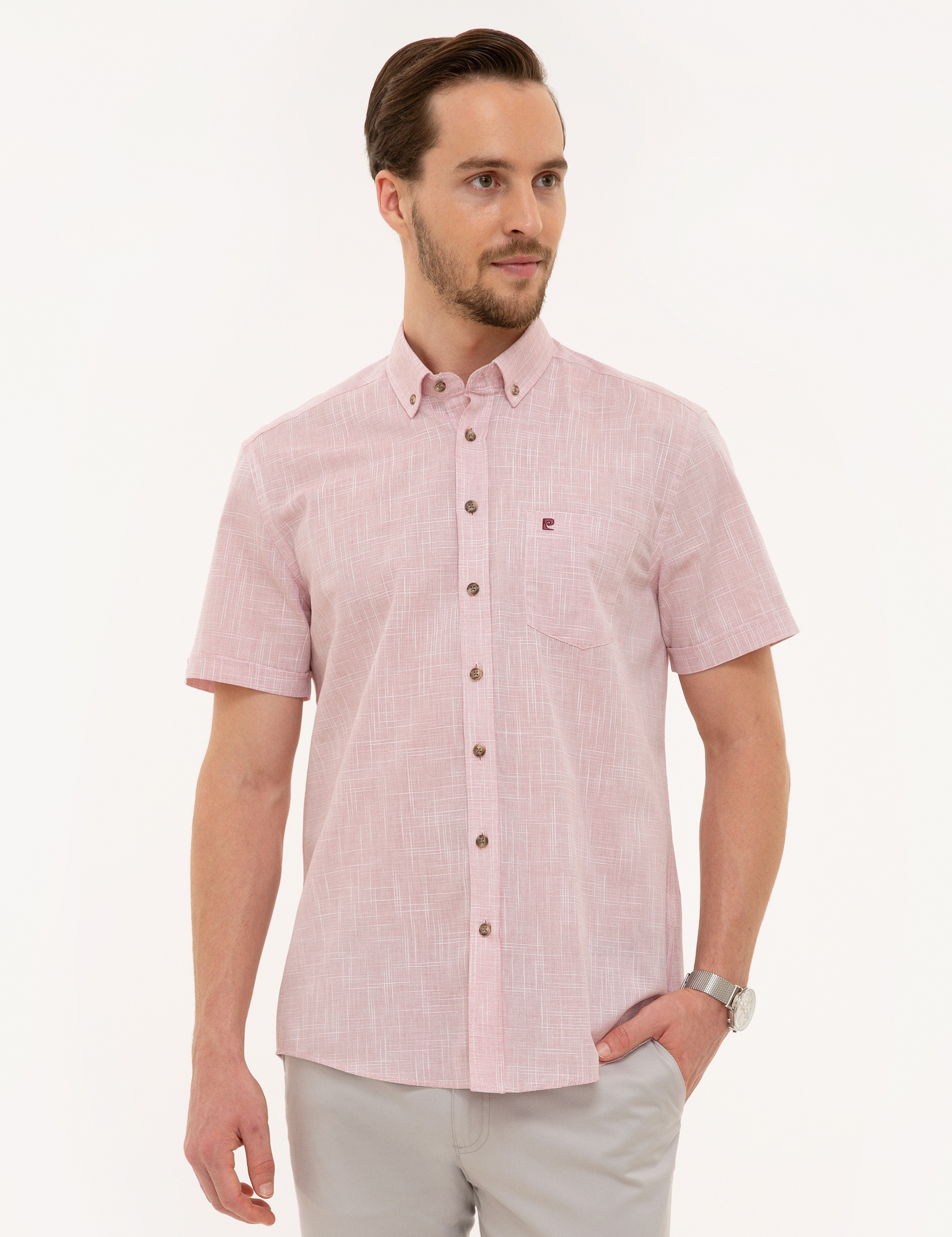 Bordo Regular Fit Keten Görünümlü Kısa Kollu Gömlek