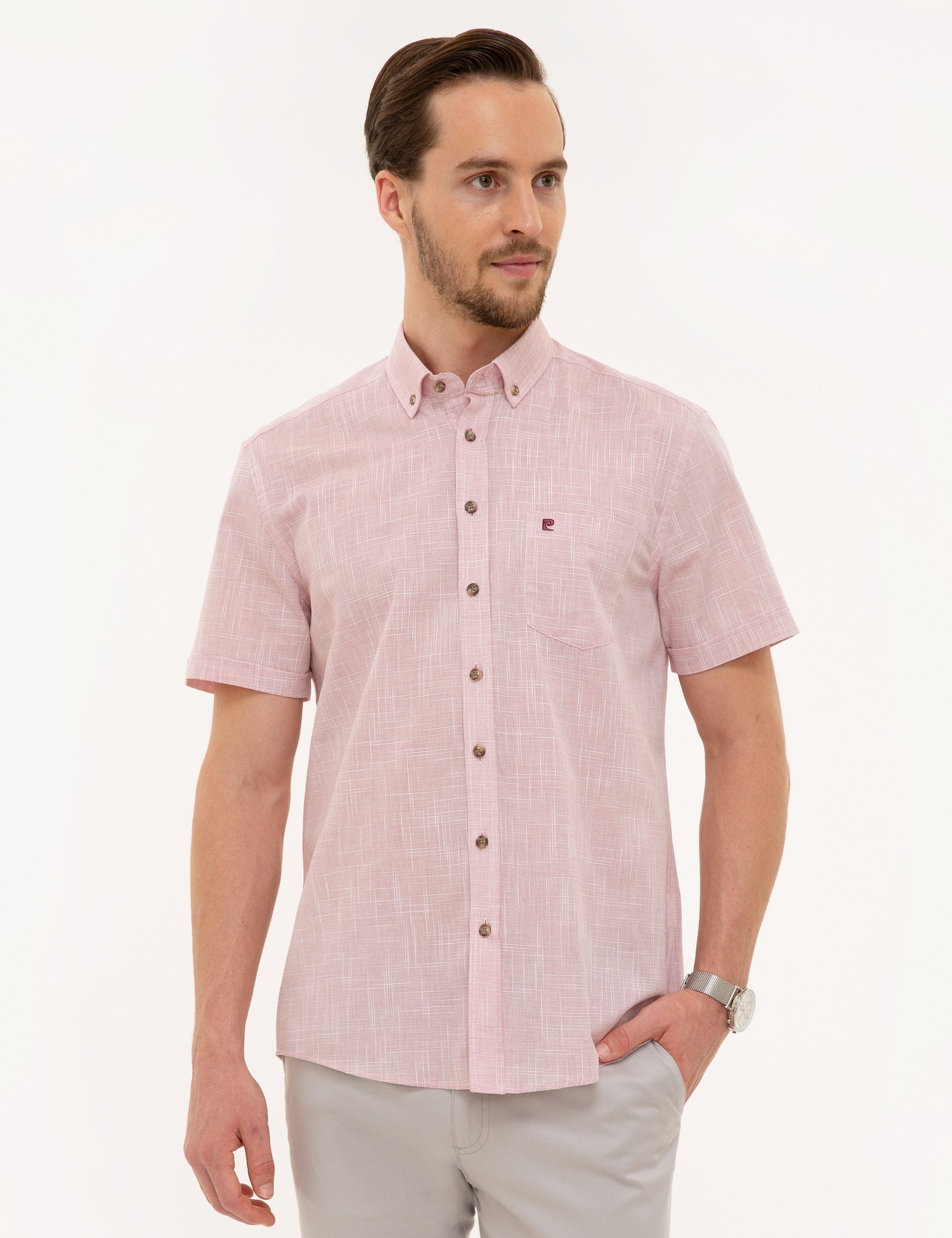 Bordo Regular Fit Keten Görünümlü Kısa Kollu Gömlek