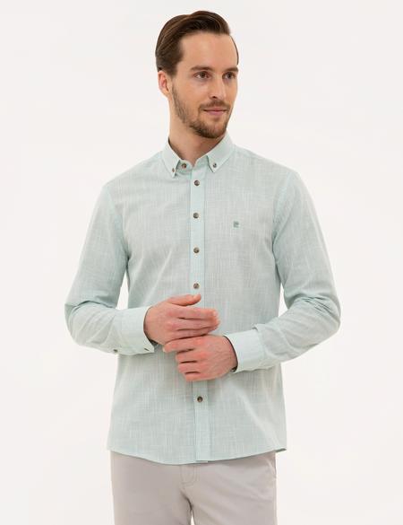 Yeşil Slim Fit Keten Görünümlü Gömlek - 50227444010