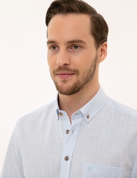 Açık Mavi Regular Fit Keten Görünümlü Kısa Kollu Gömlek - 50227445009