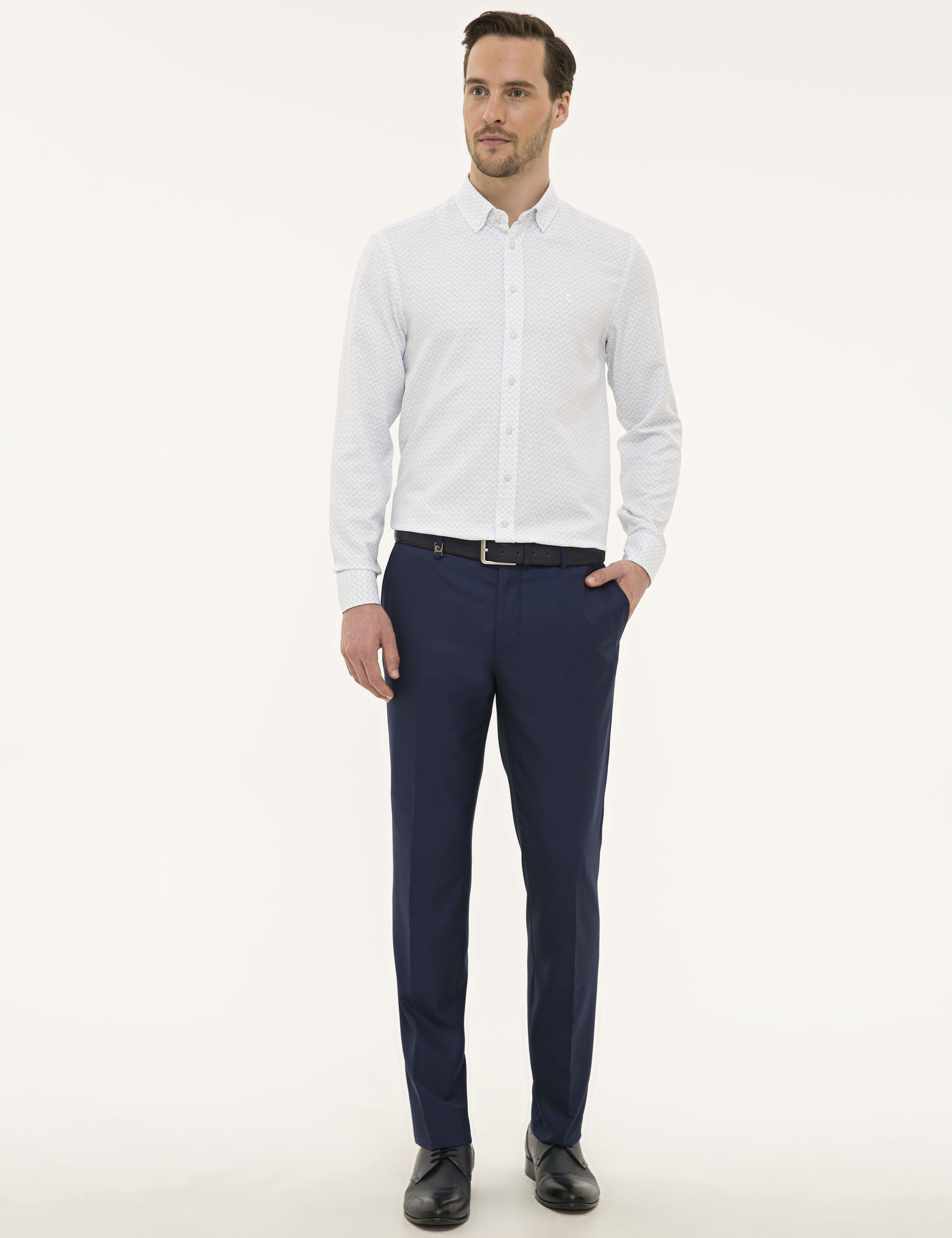 Lacivert Detaylı Beyaz Slim Fit Gömlek - Image 4