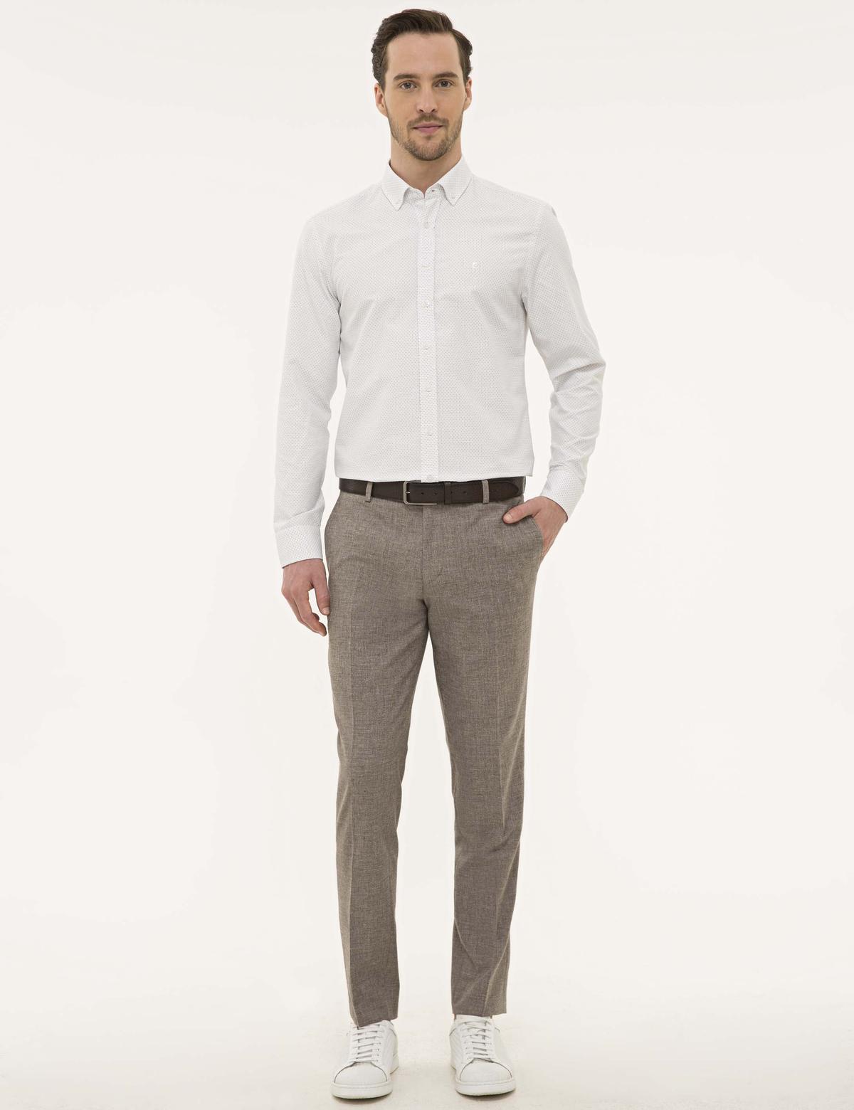 Kahverengi Detaylı Beyaz Slim Fit Gömlek - 50227491023