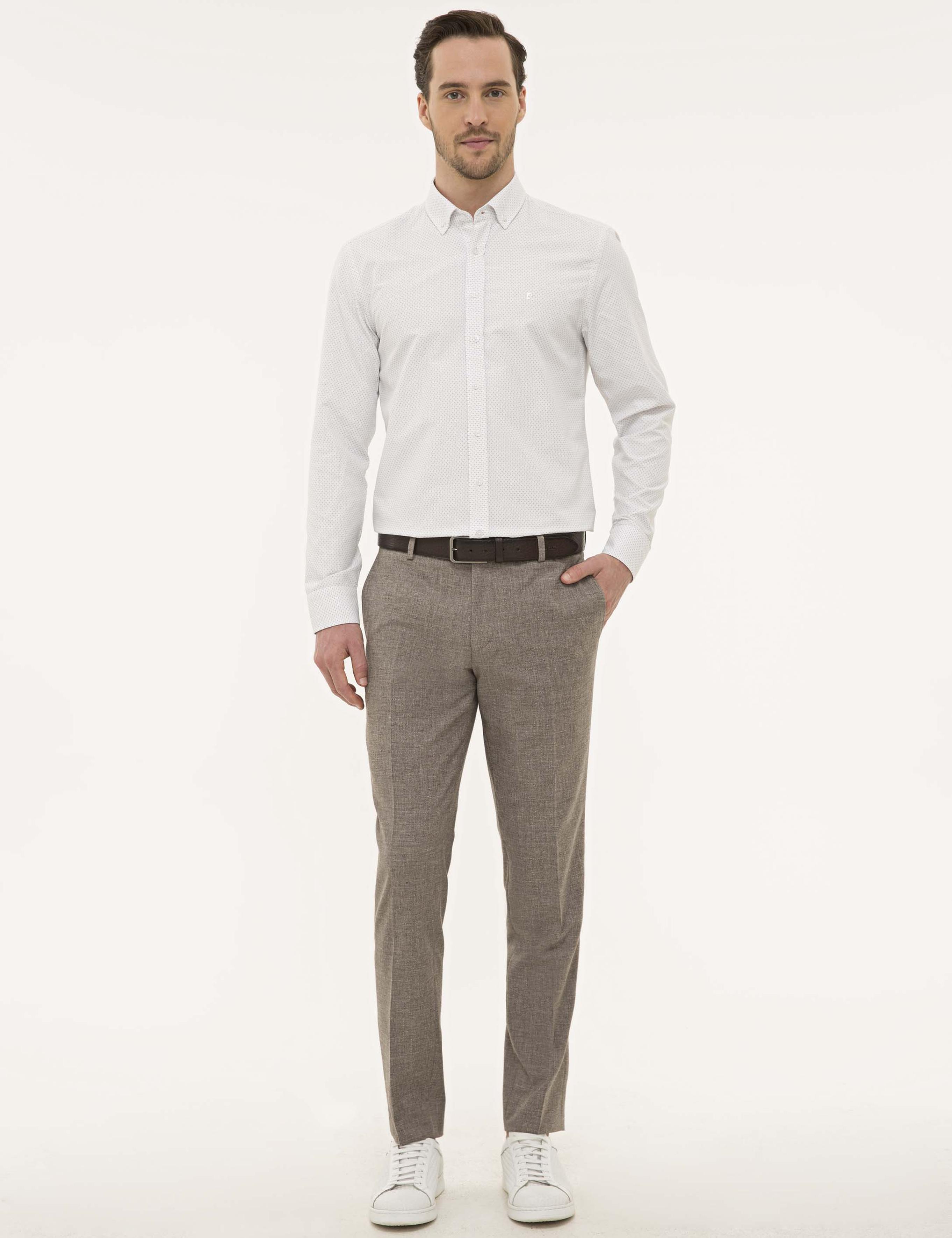 Kahverengi Detaylı Beyaz Slim Fit Gömlek