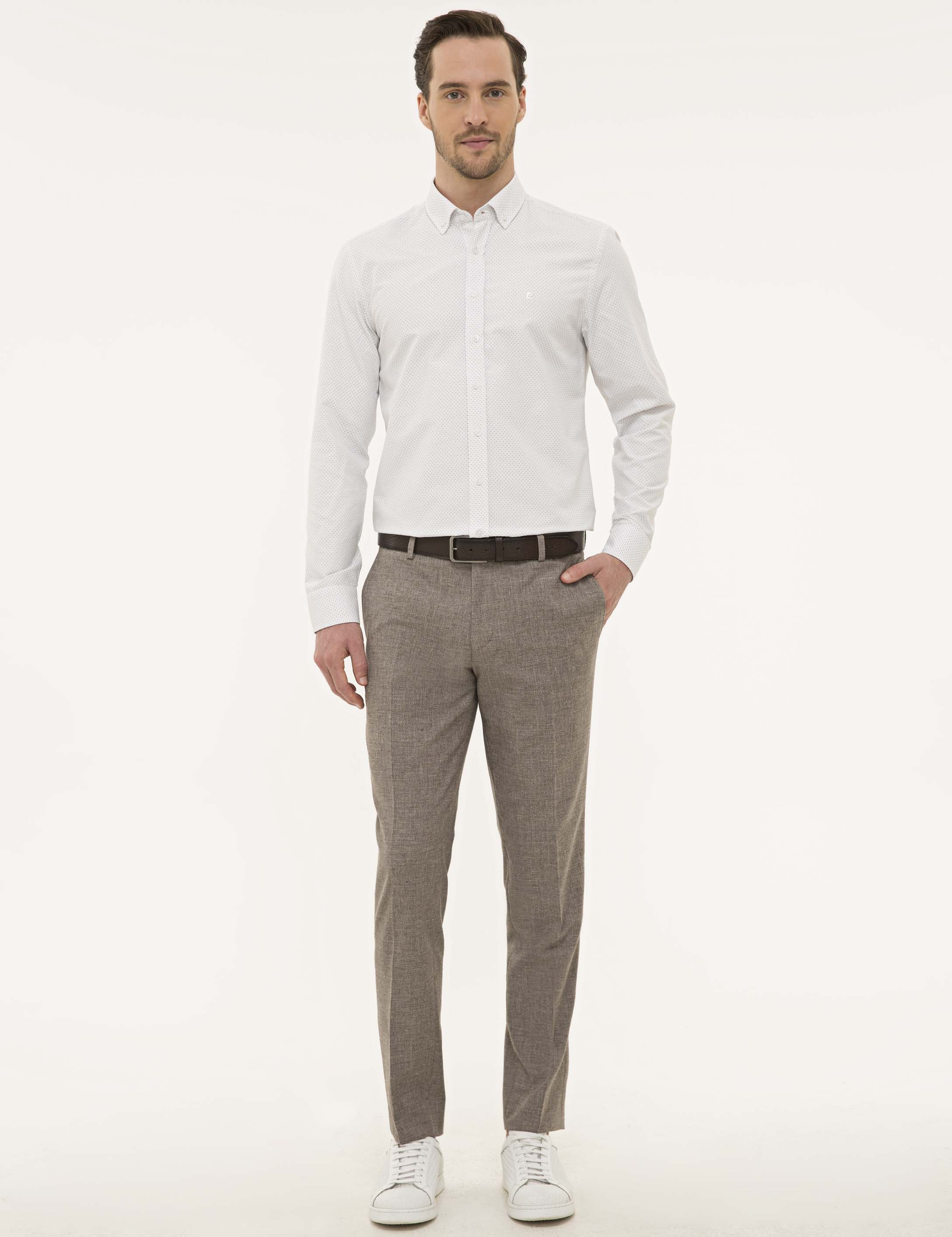 Kahverengi Detaylı Beyaz Slim Fit Gömlek - Image 4