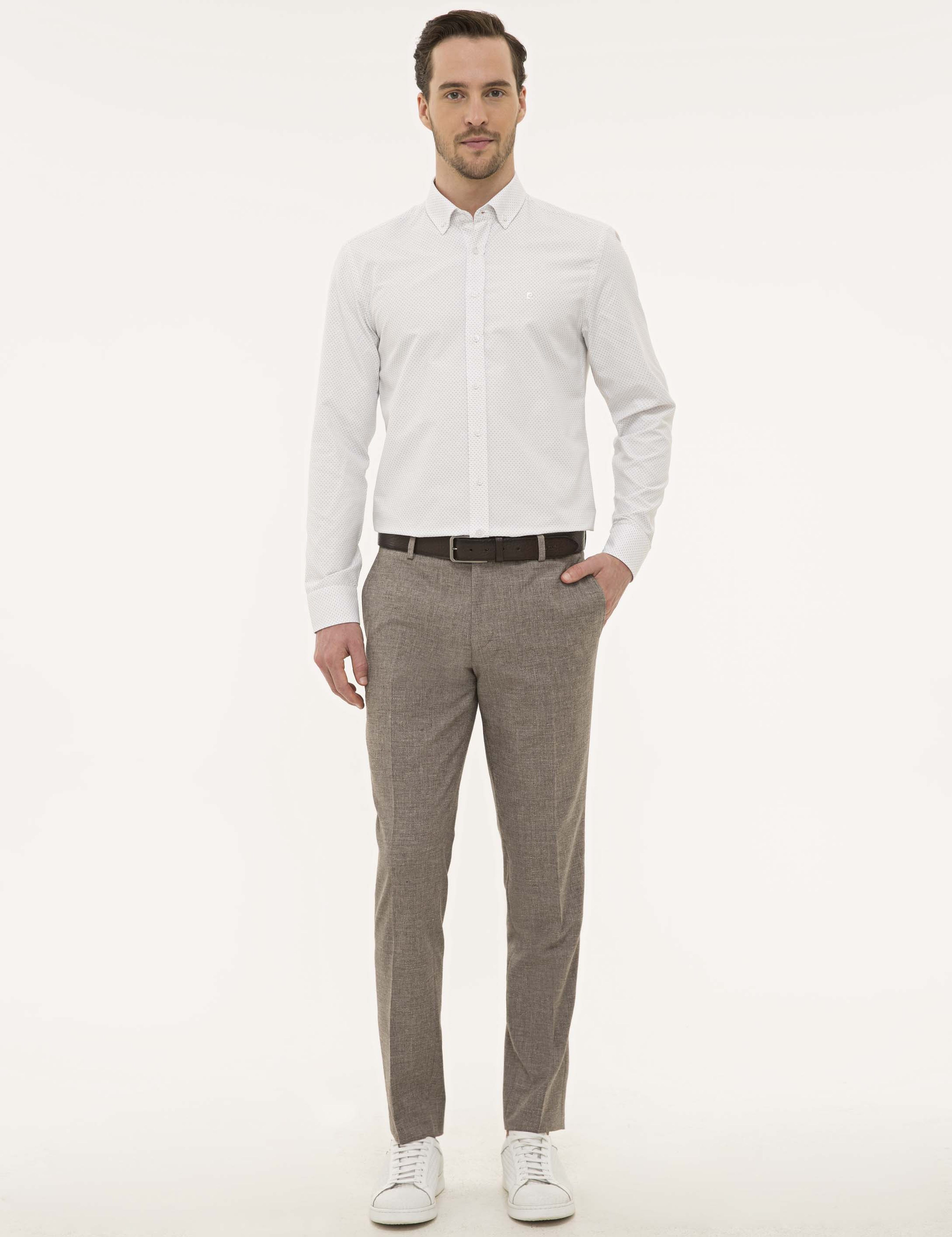 Kahverengi Detaylı Beyaz Slim Fit Gömlek
