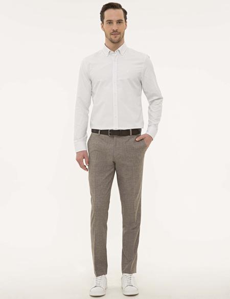 Kahverengi Detaylı Beyaz Slim Fit Gömlek - 50227491023