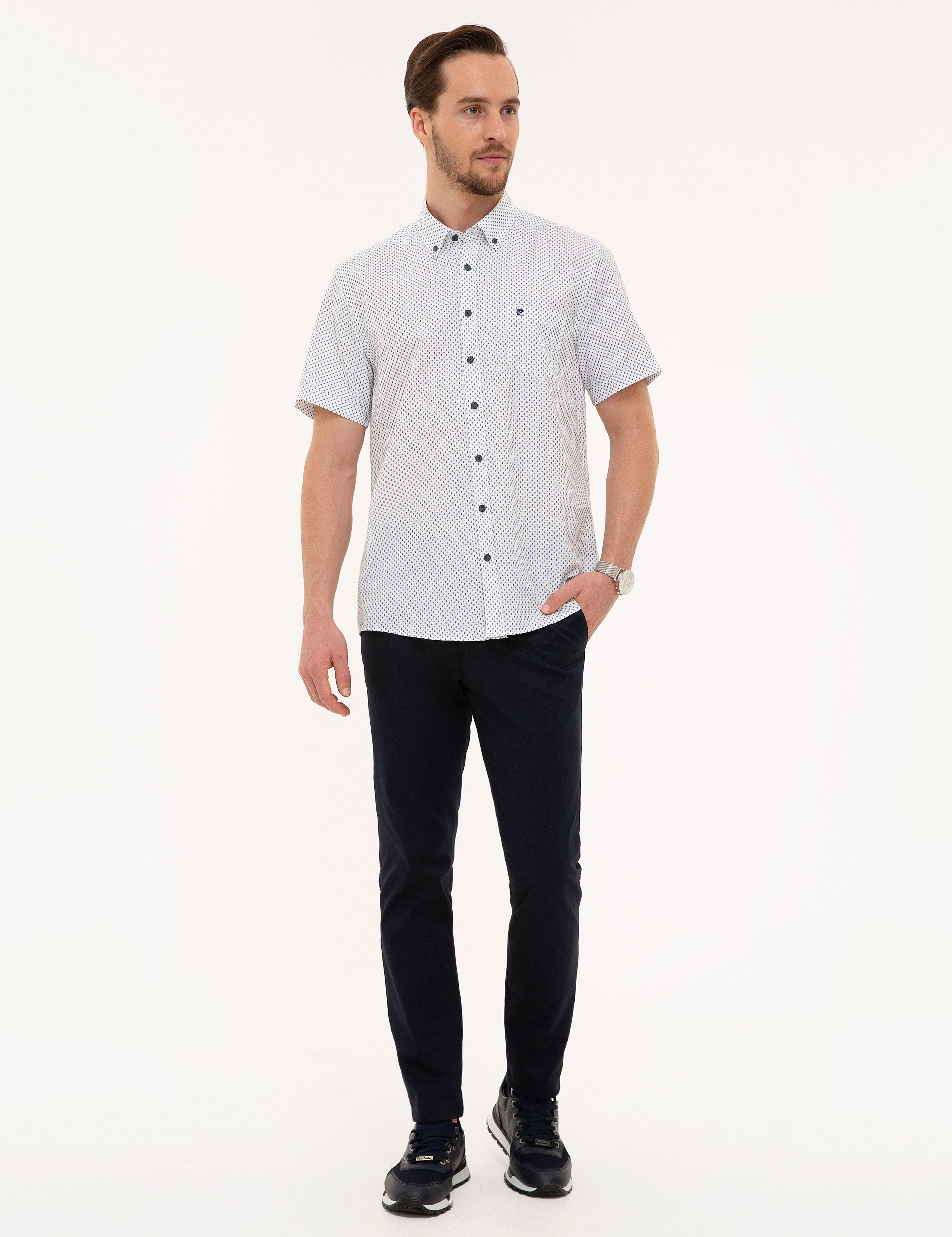 Mavi Detaylı Beyaz Regular Fit Kısa Kollu Gömlek - Image 4