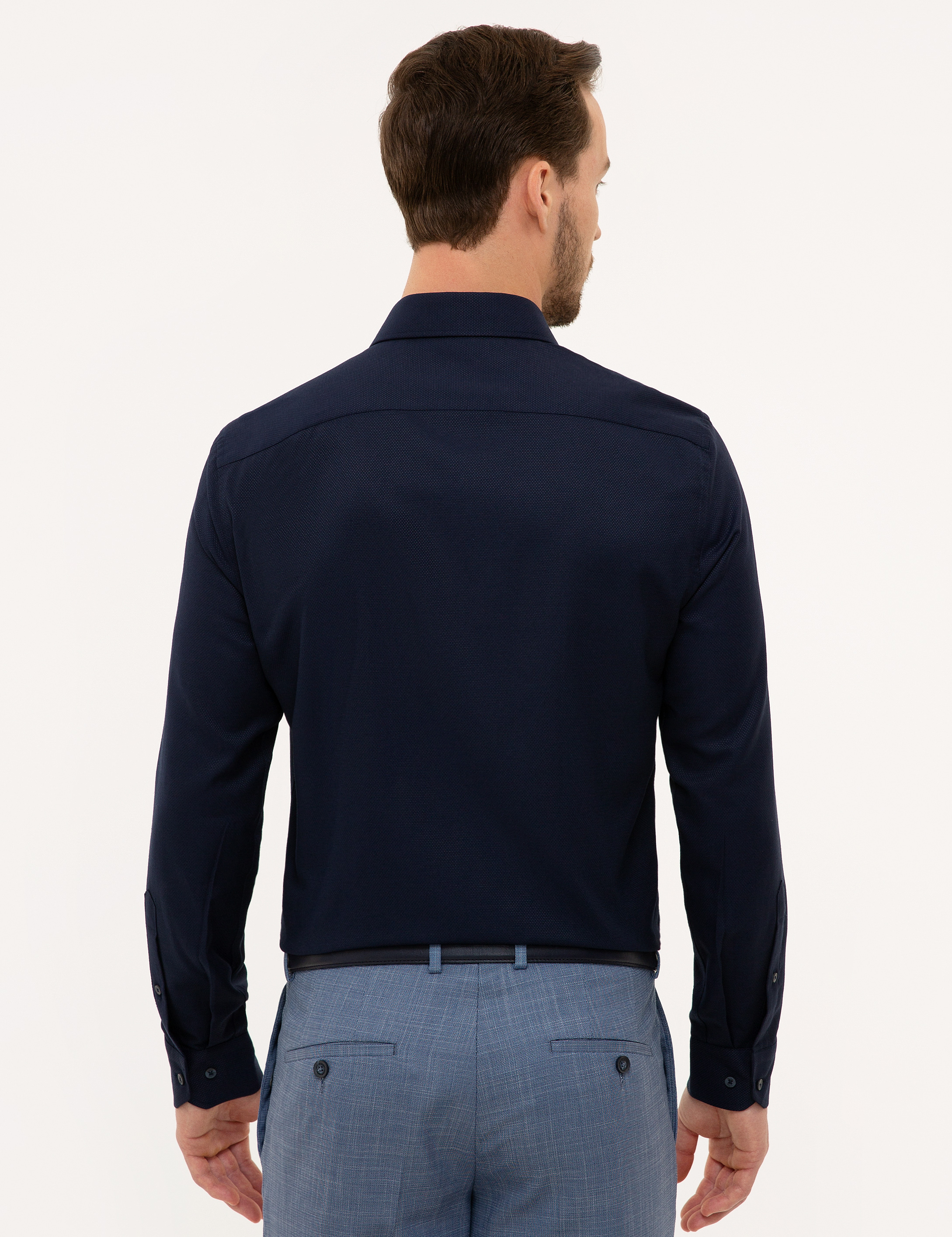 Lacivert Slim Fit Armürlü Gömlek