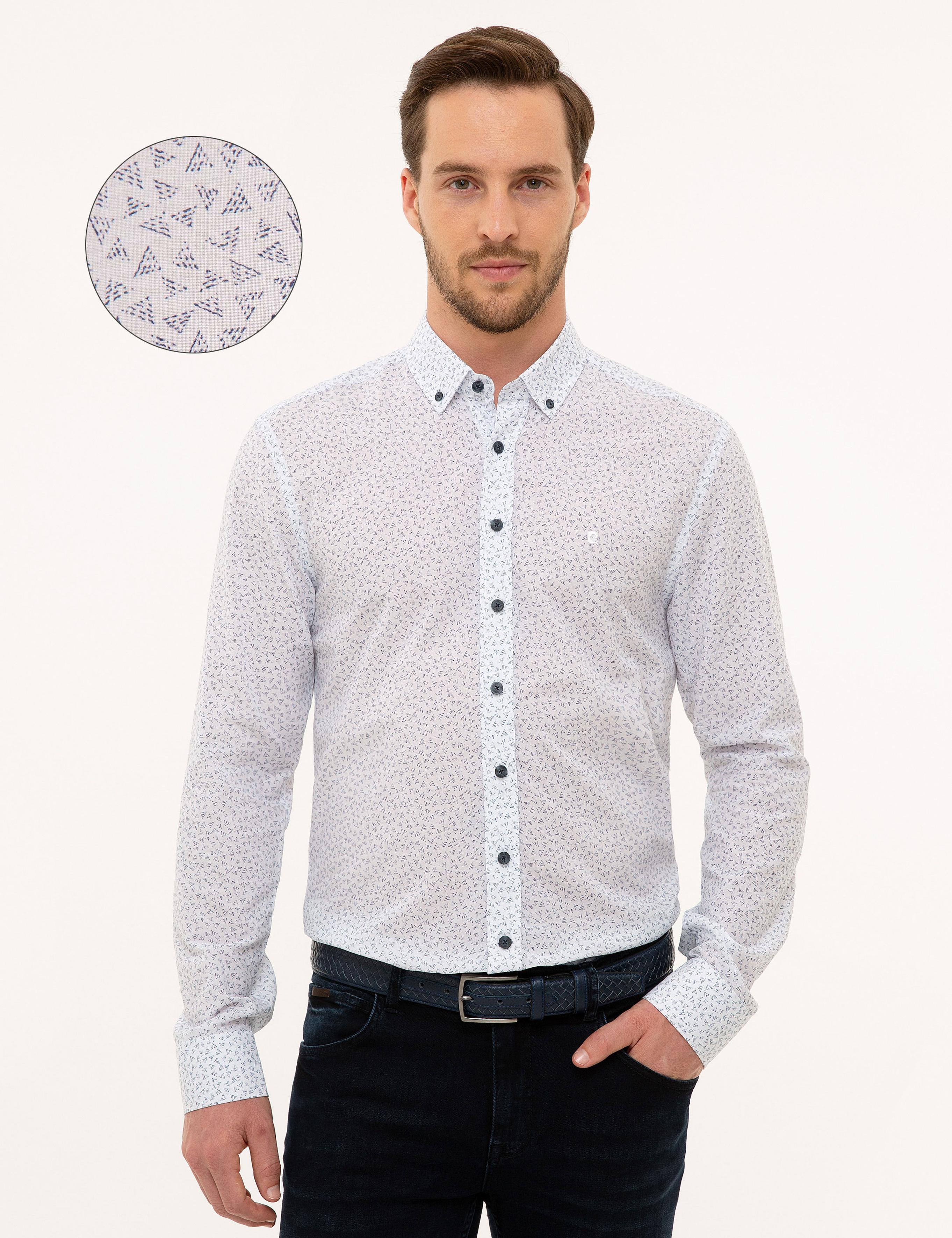 Lacivert Detaylı Beyaz Slim Fit Gömlek