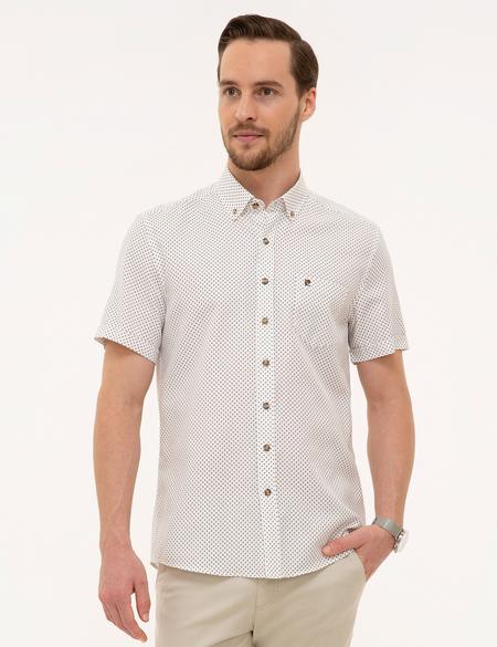 Kahverengi Detaylı Beyaz Regular Fit Kısa Kollu Gömlek - 50224381003