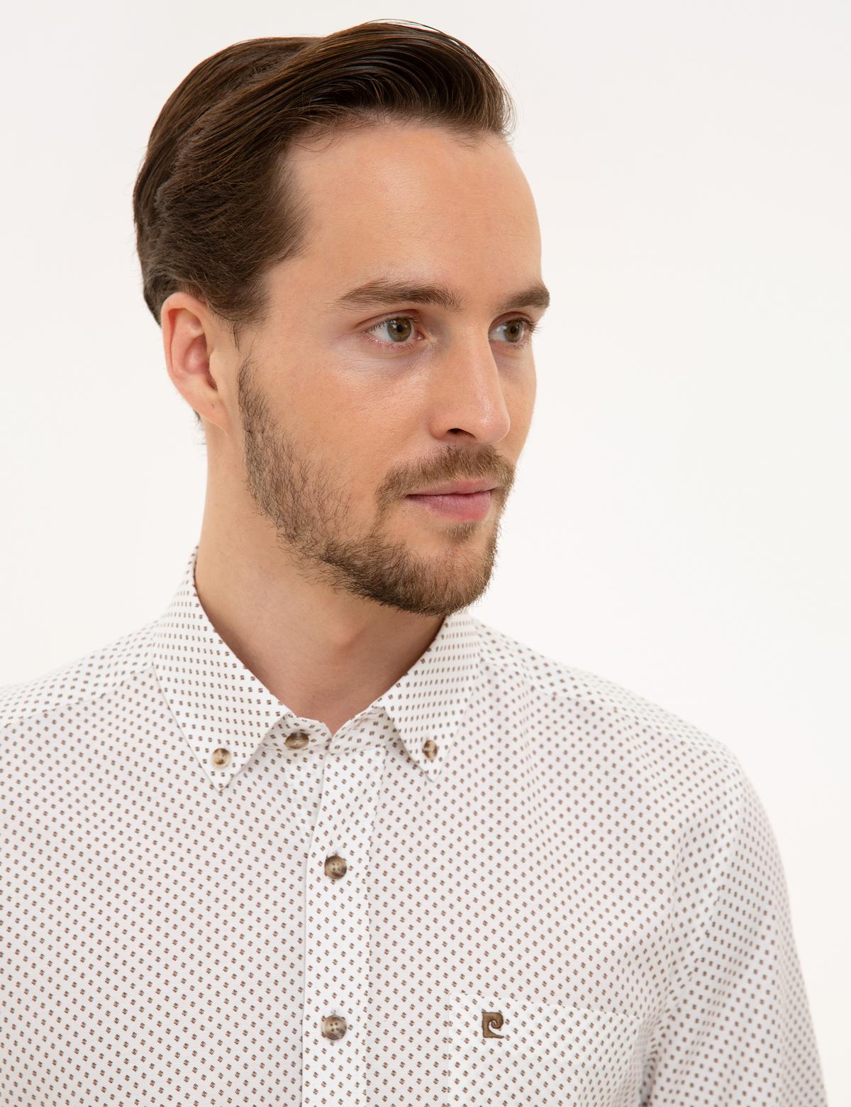 Kahverengi Detaylı Beyaz Regular Fit Kısa Kollu Gömlek - 50224381003