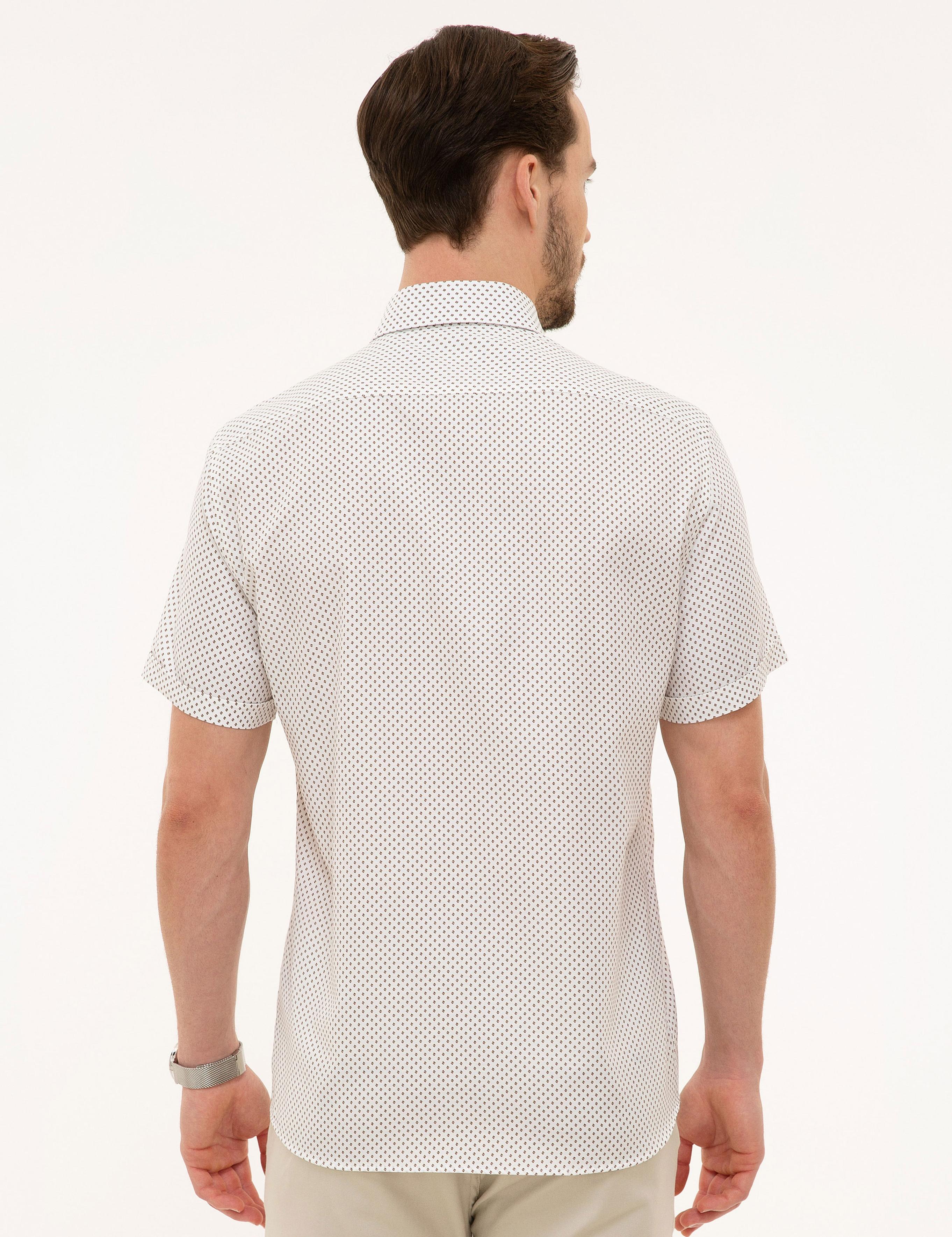 Kahverengi Detaylı Beyaz Regular Fit Kısa Kollu Gömlek