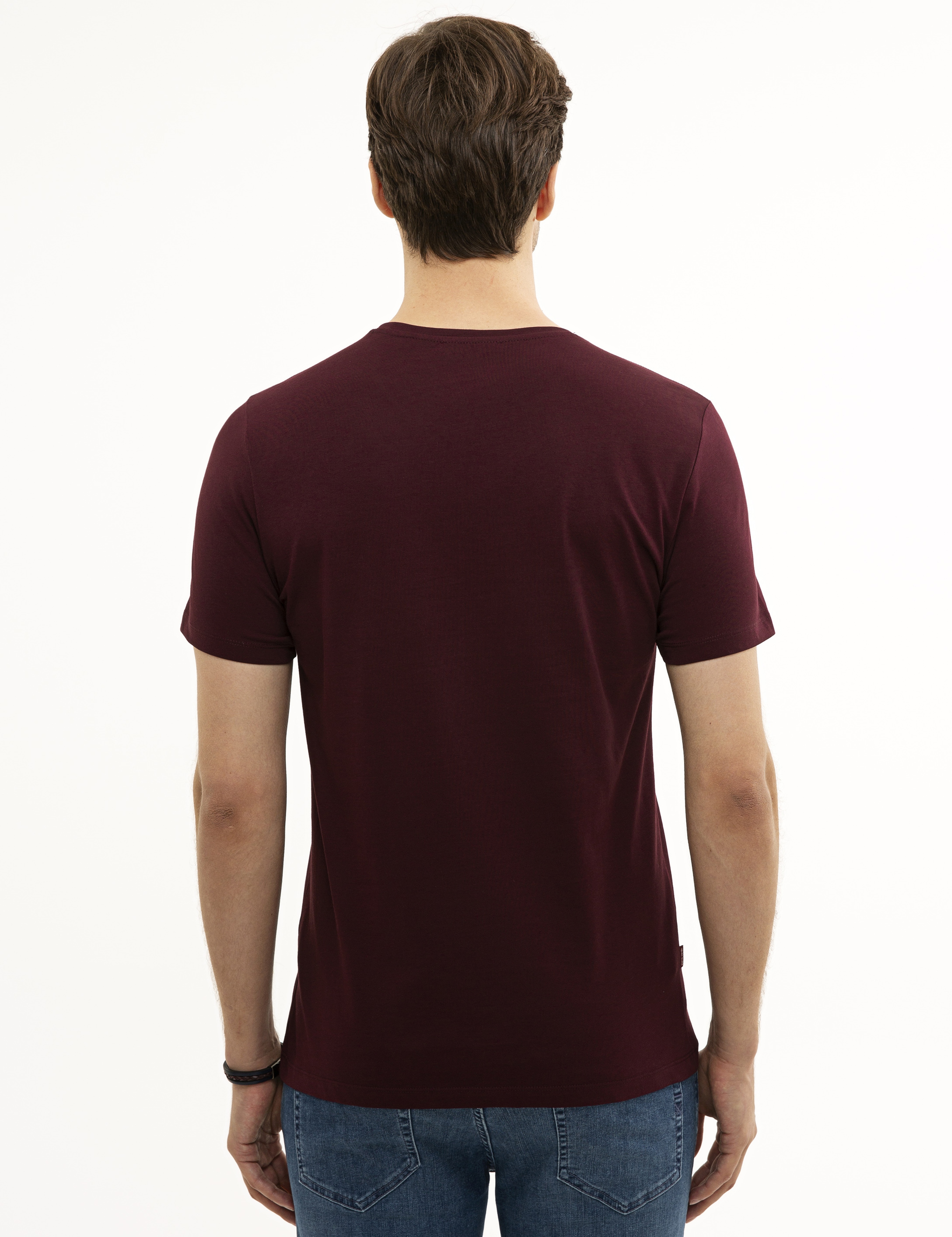 Bordo Slim Fit Bisiklet Yaka Basic T-Shirt - Image 3