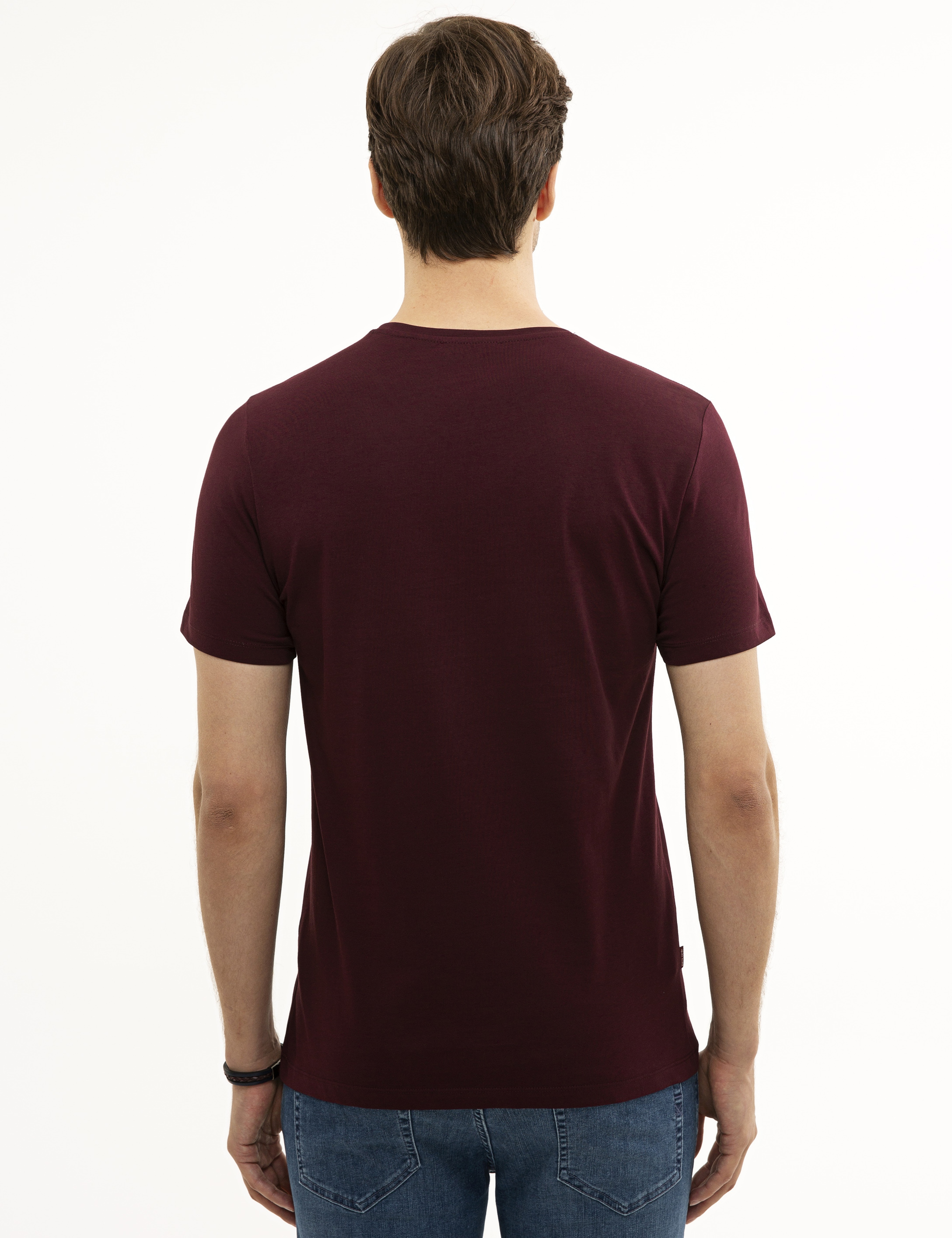 Bordo Slim Fit Bisiklet Yaka Basic T-Shirt