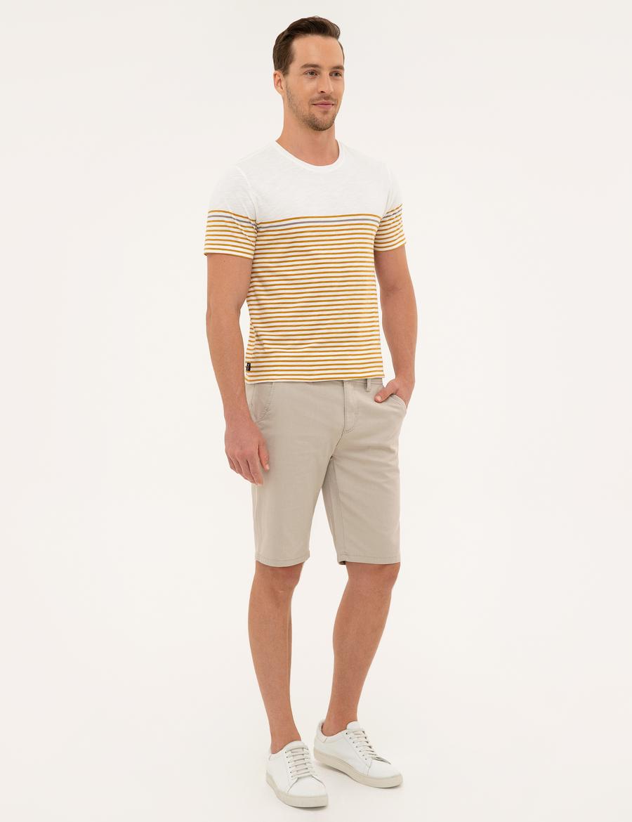 Bej Slim Fit Dokuma Şort