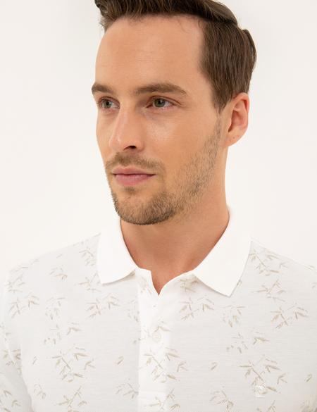 Bej Detaylı Beyaz Slim Fit Polo Yaka T-Shirt - 50226636015