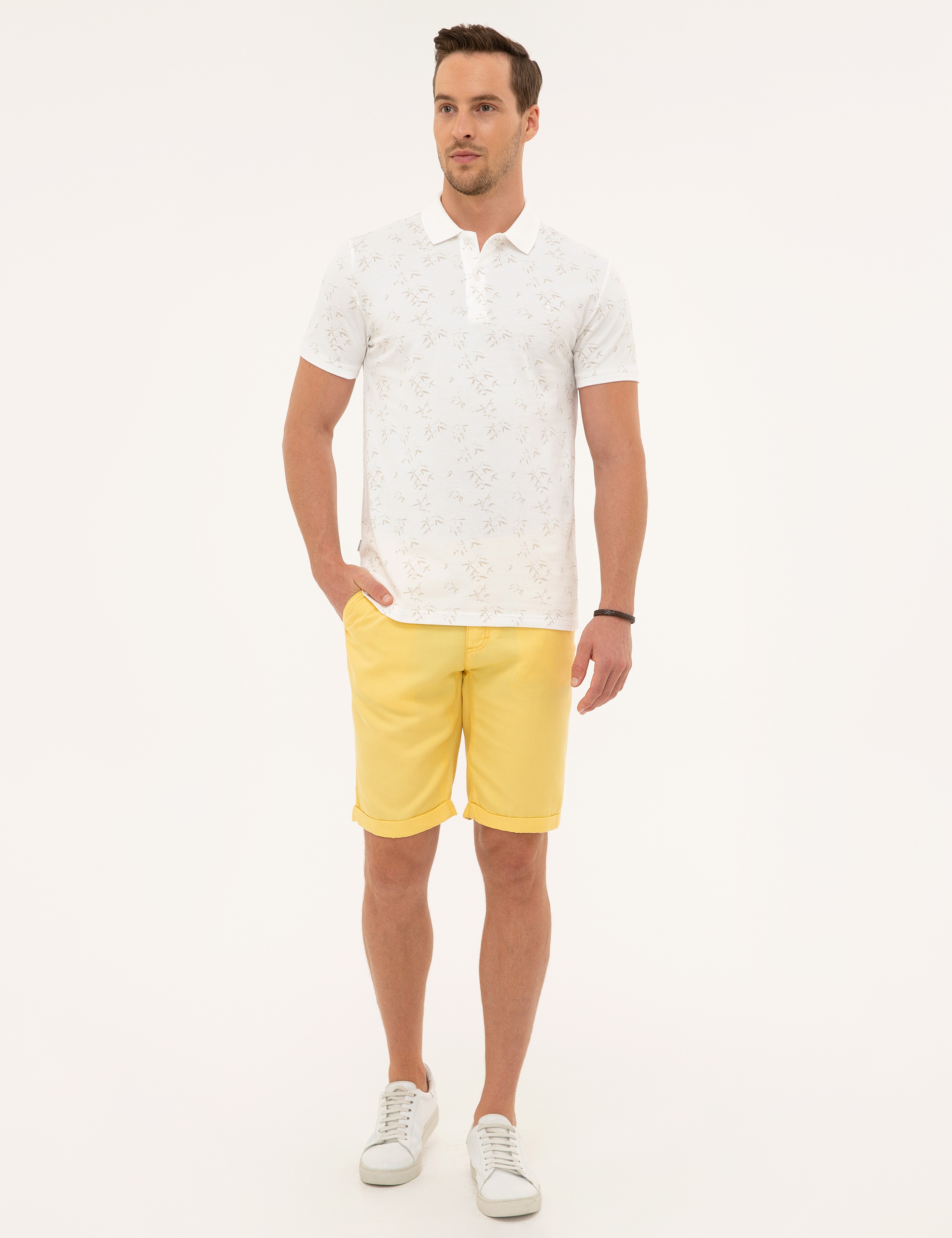 Bej Detaylı Beyaz Slim Fit Polo Yaka T-Shirt - Image 4