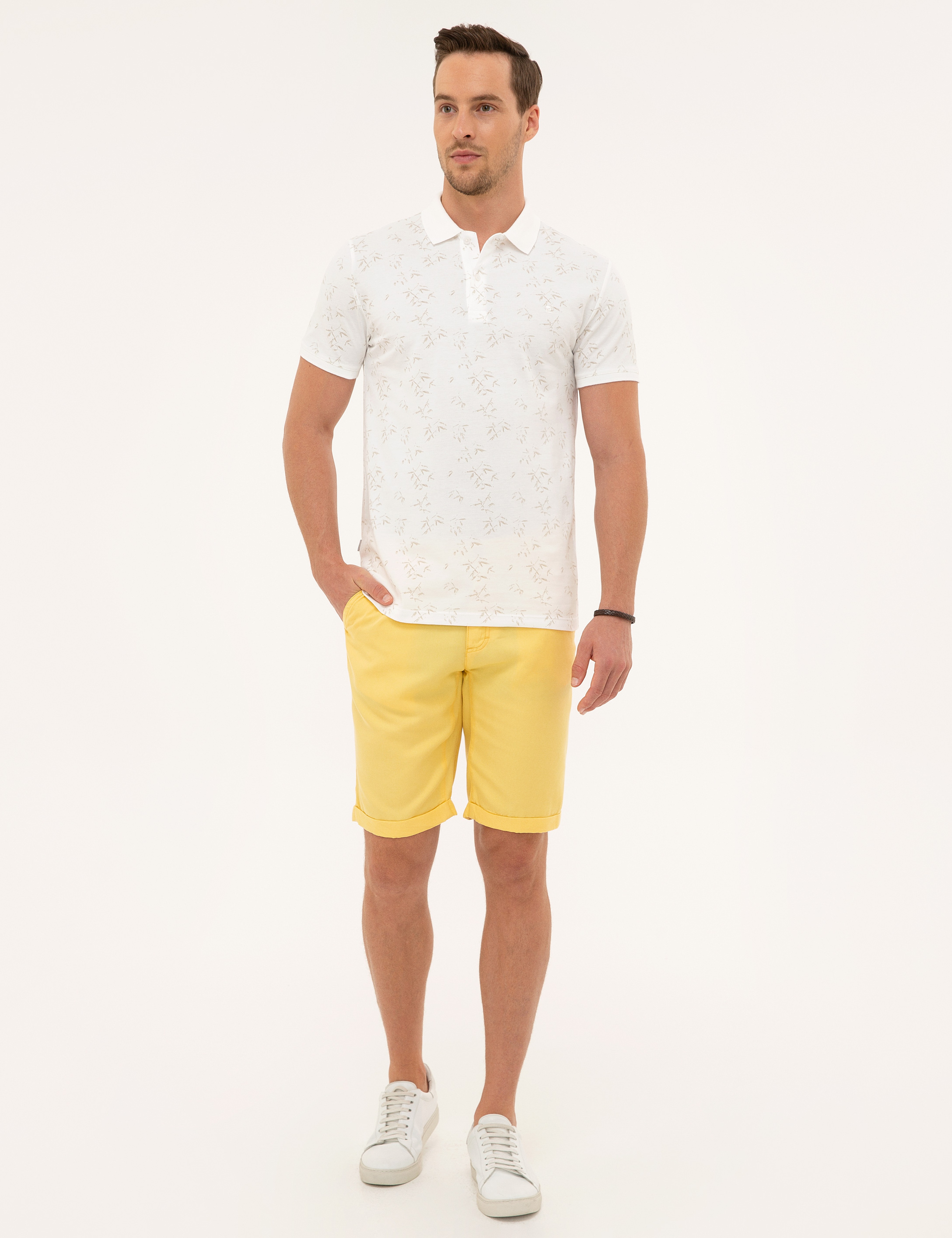 Bej Detaylı Beyaz Slim Fit Polo Yaka T-Shirt