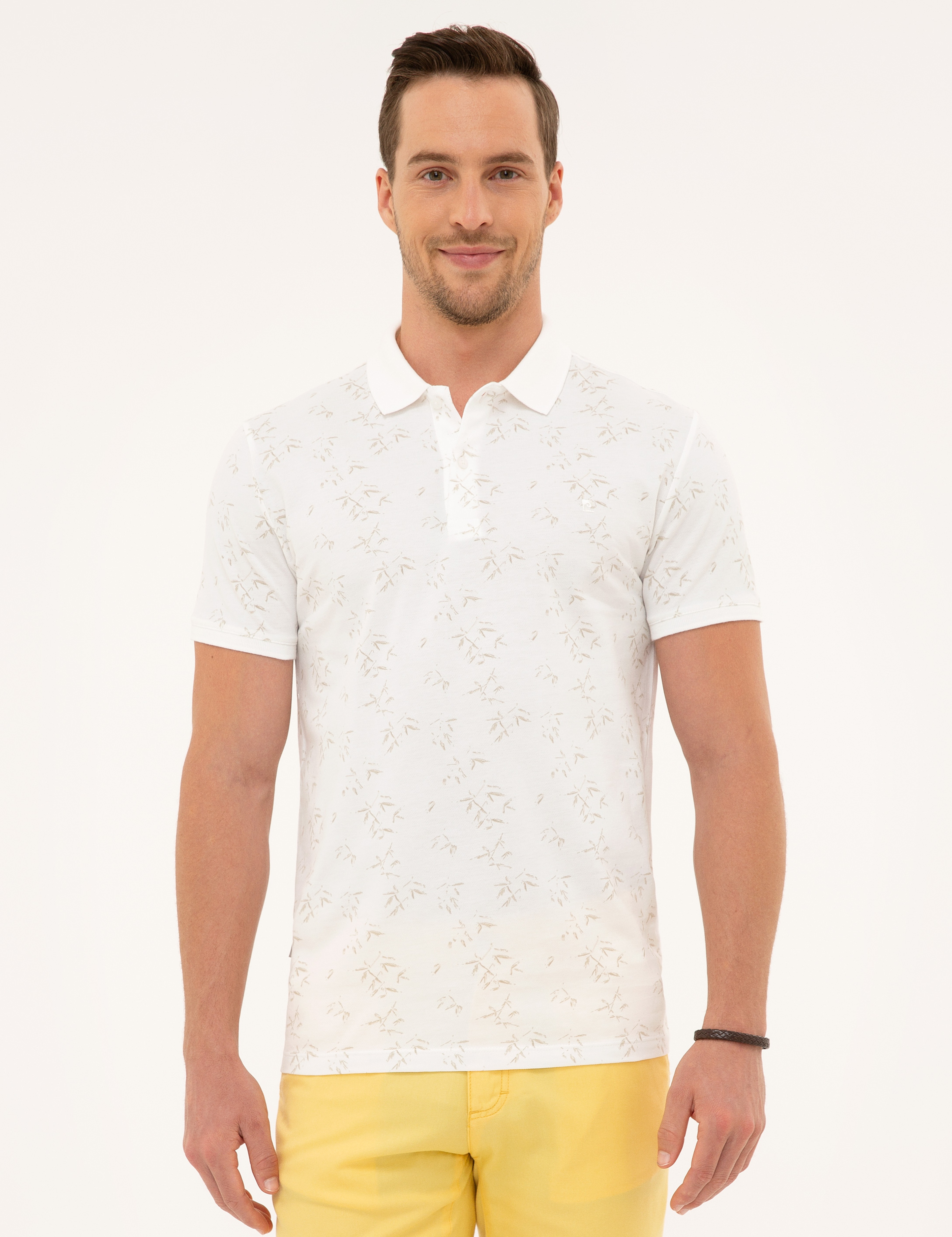 Bej Detaylı Beyaz Slim Fit Polo Yaka T-Shirt - Image 2