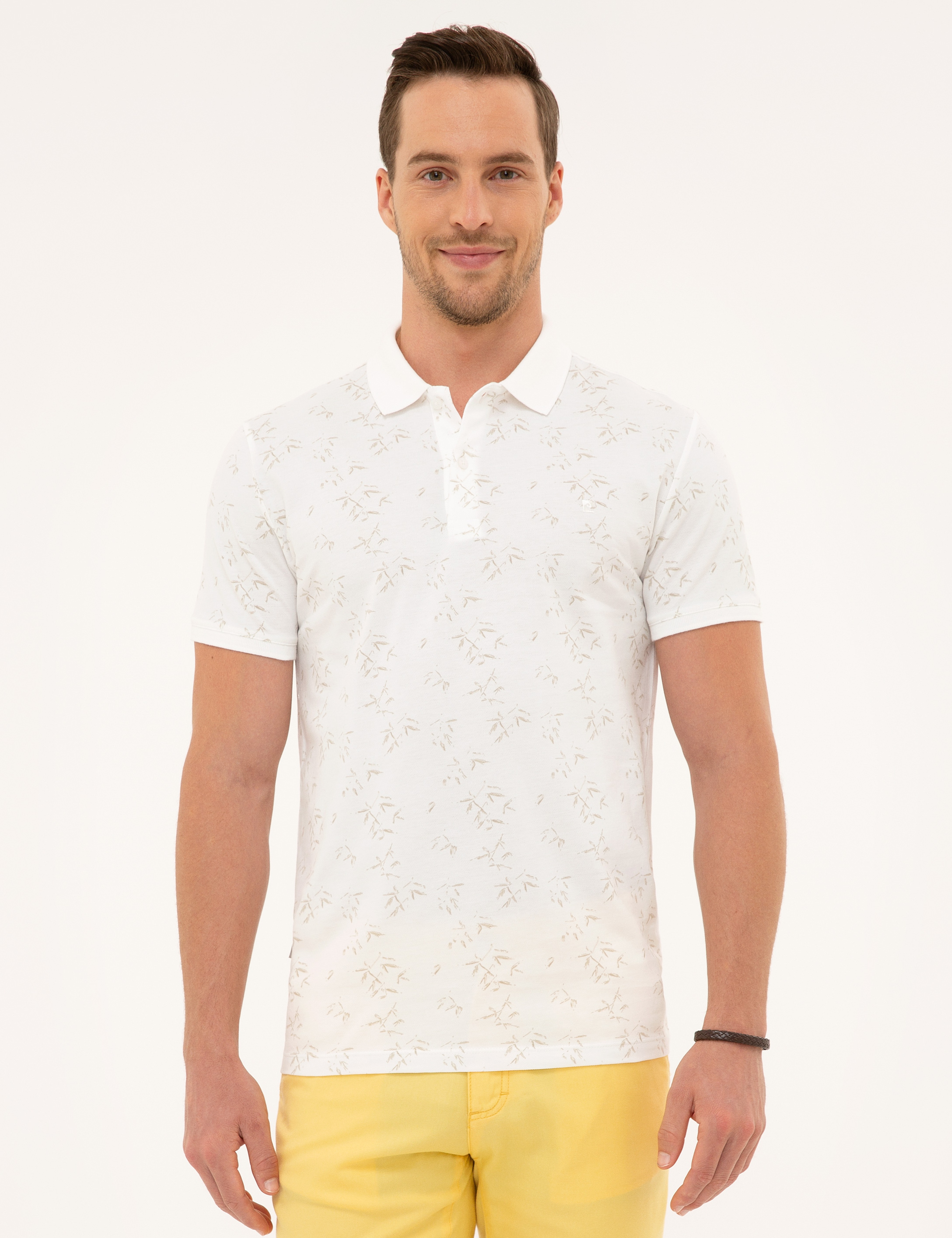 Bej Detaylı Beyaz Slim Fit Polo Yaka T-Shirt