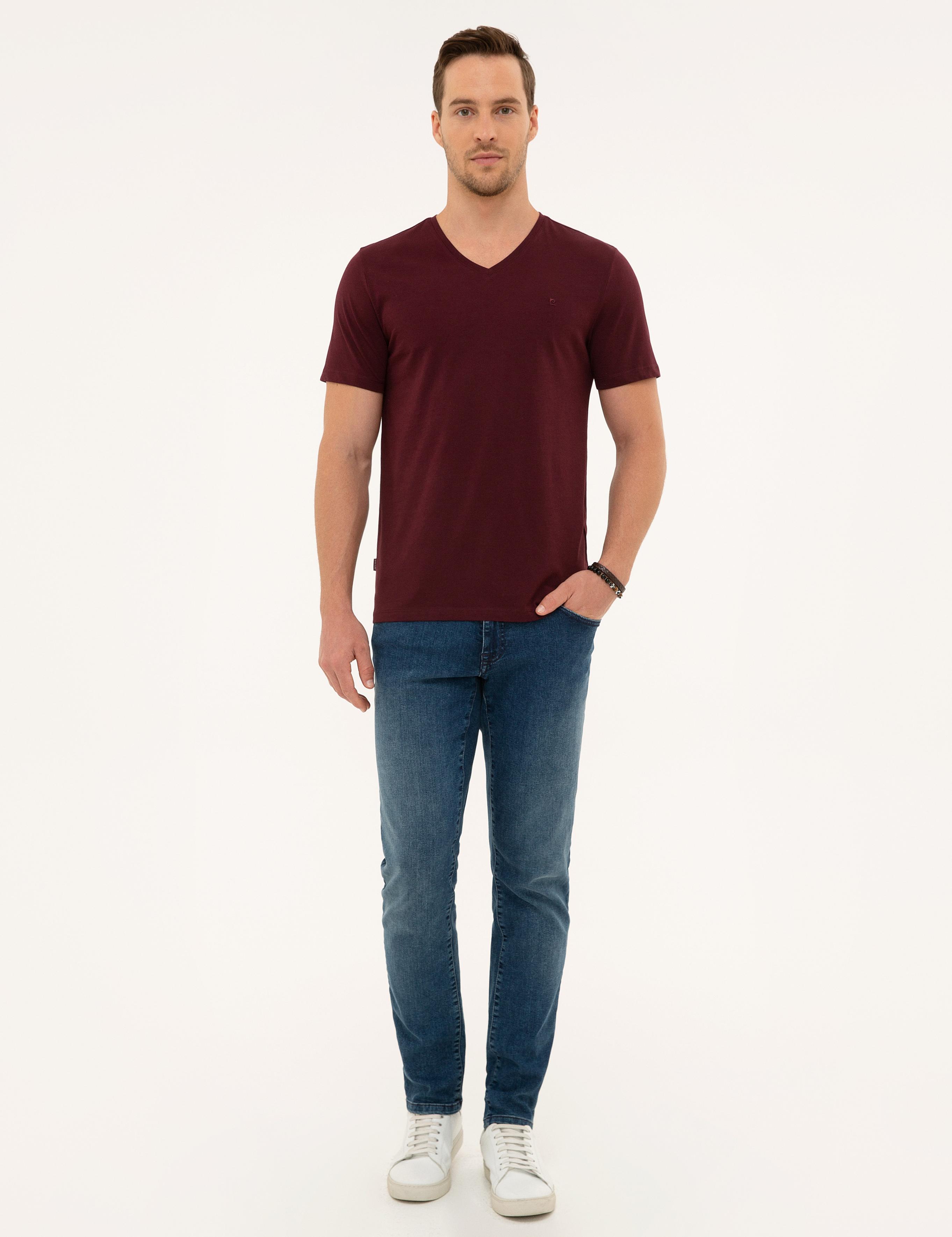 Bordo Slim Fit V Yaka Basic Tişört