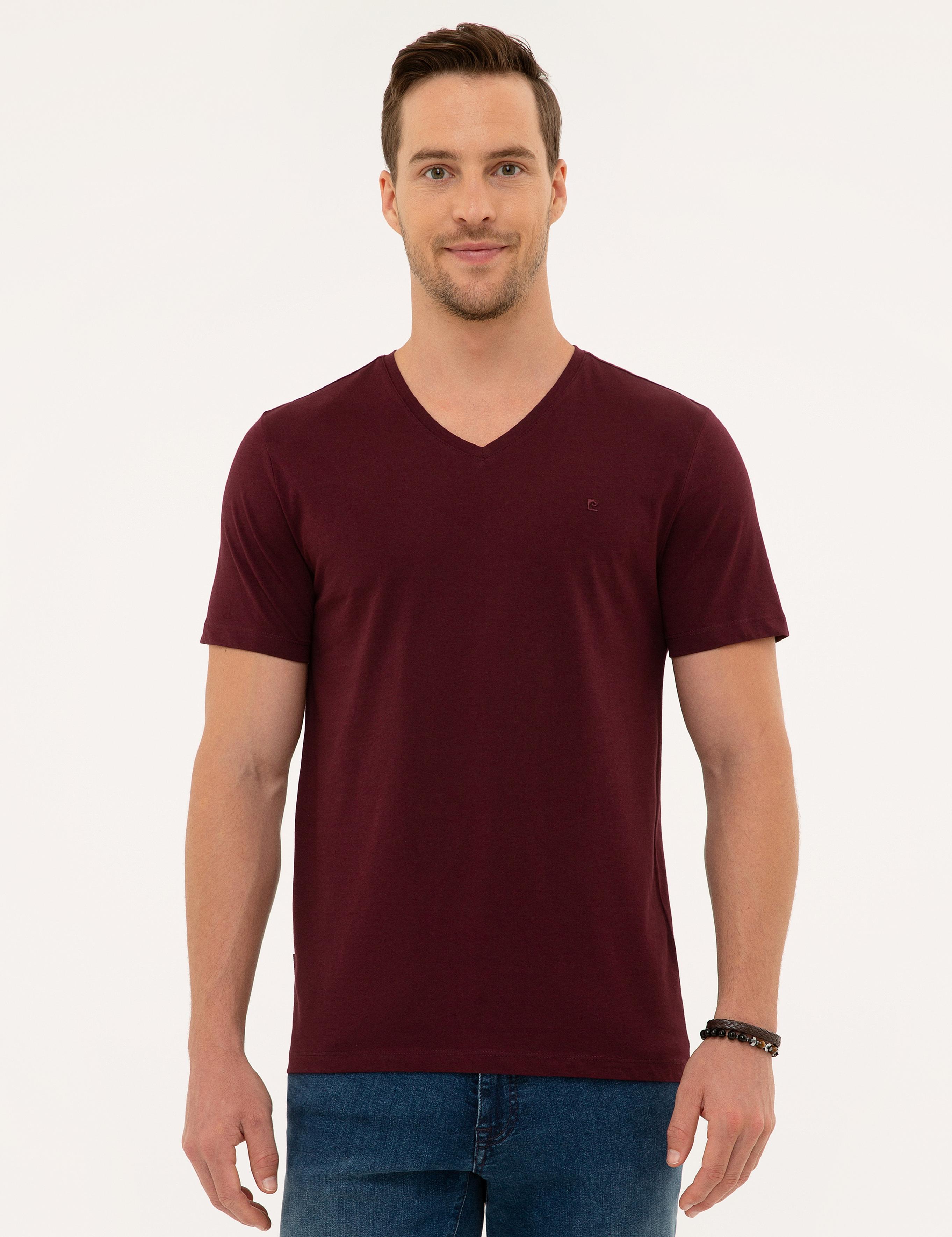 Bordo Slim Fit V Yaka Basic Tişört