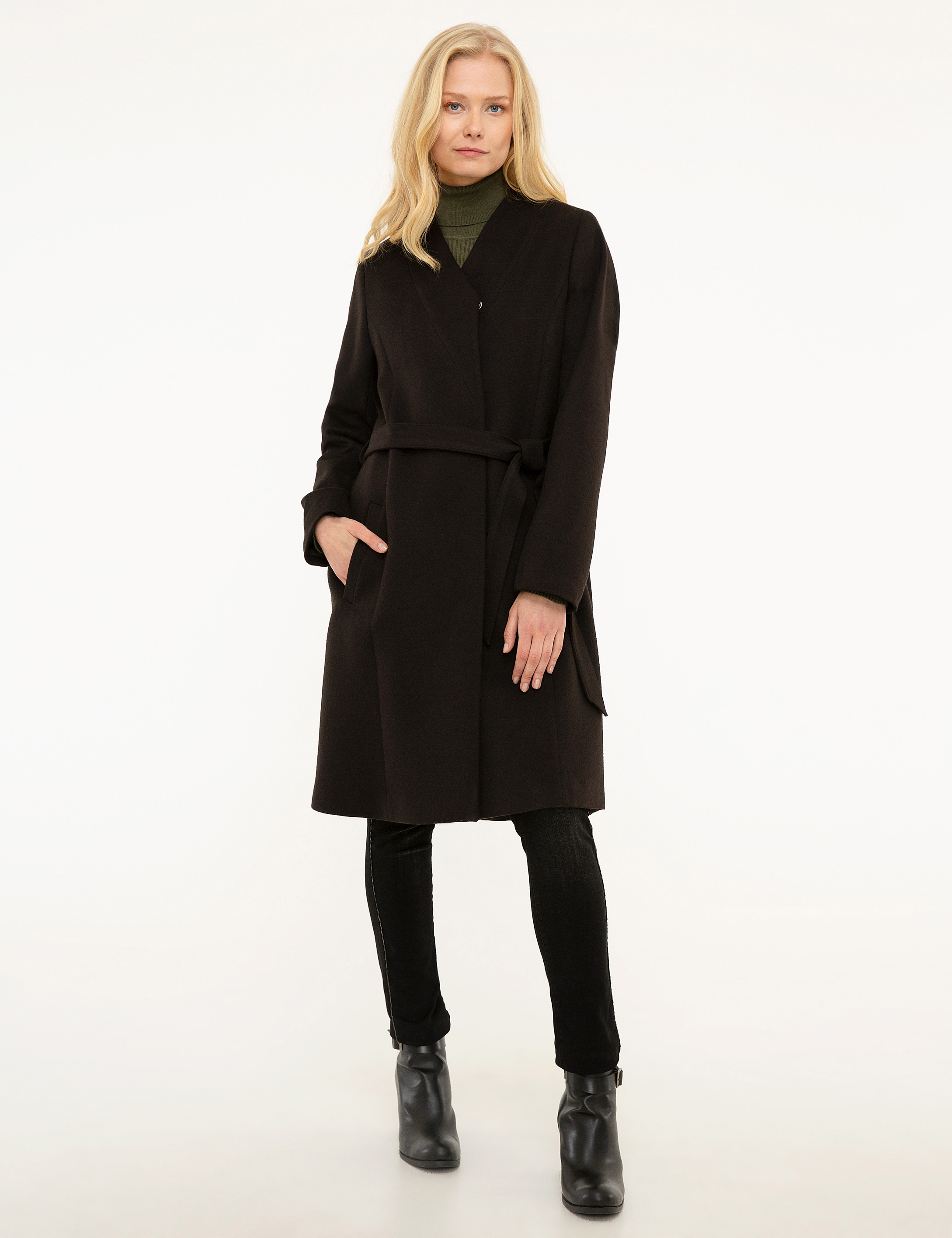 Siyah Regular Fit Kaşe Kaban