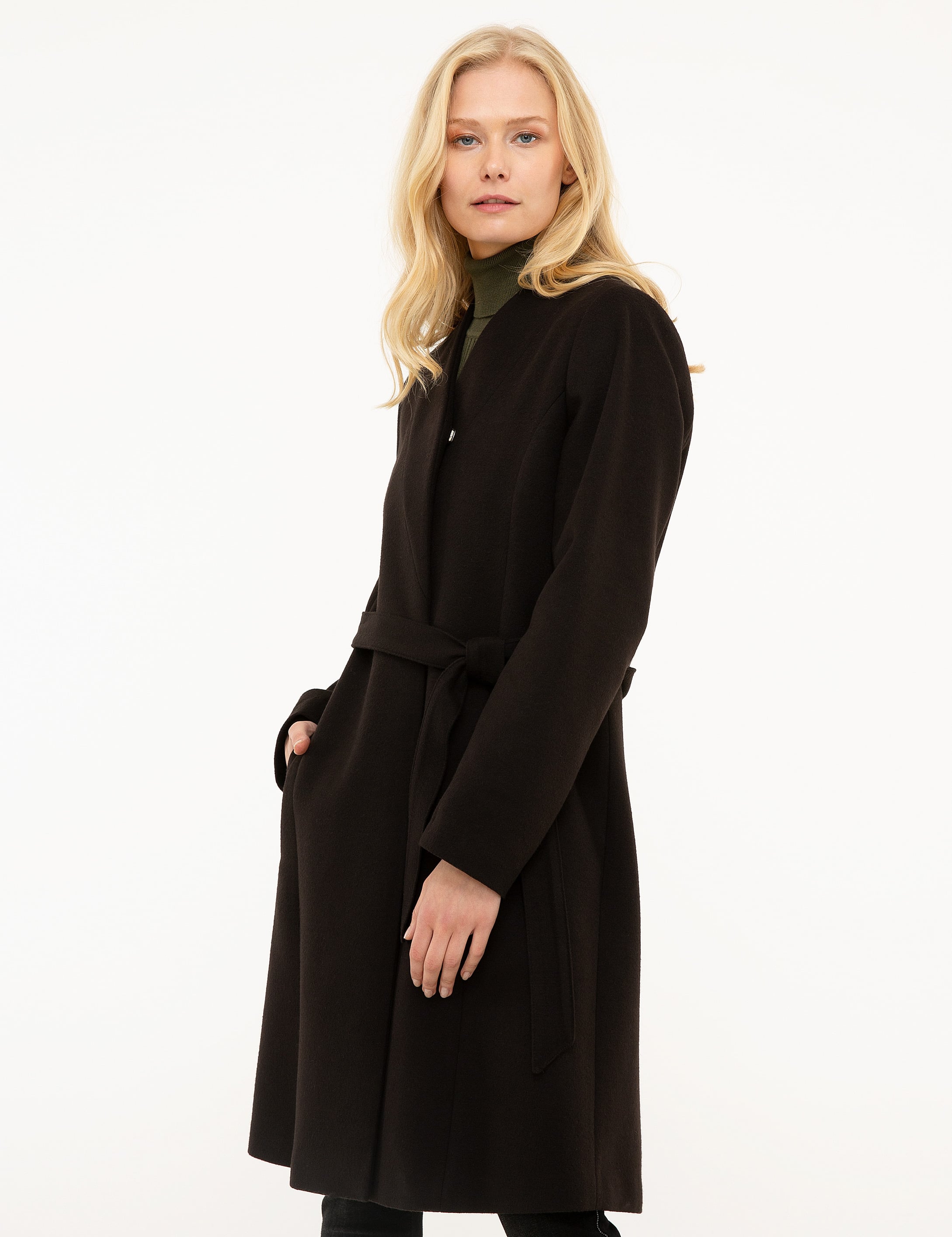 Siyah Regular Fit Kaşe Kaban - Image 3