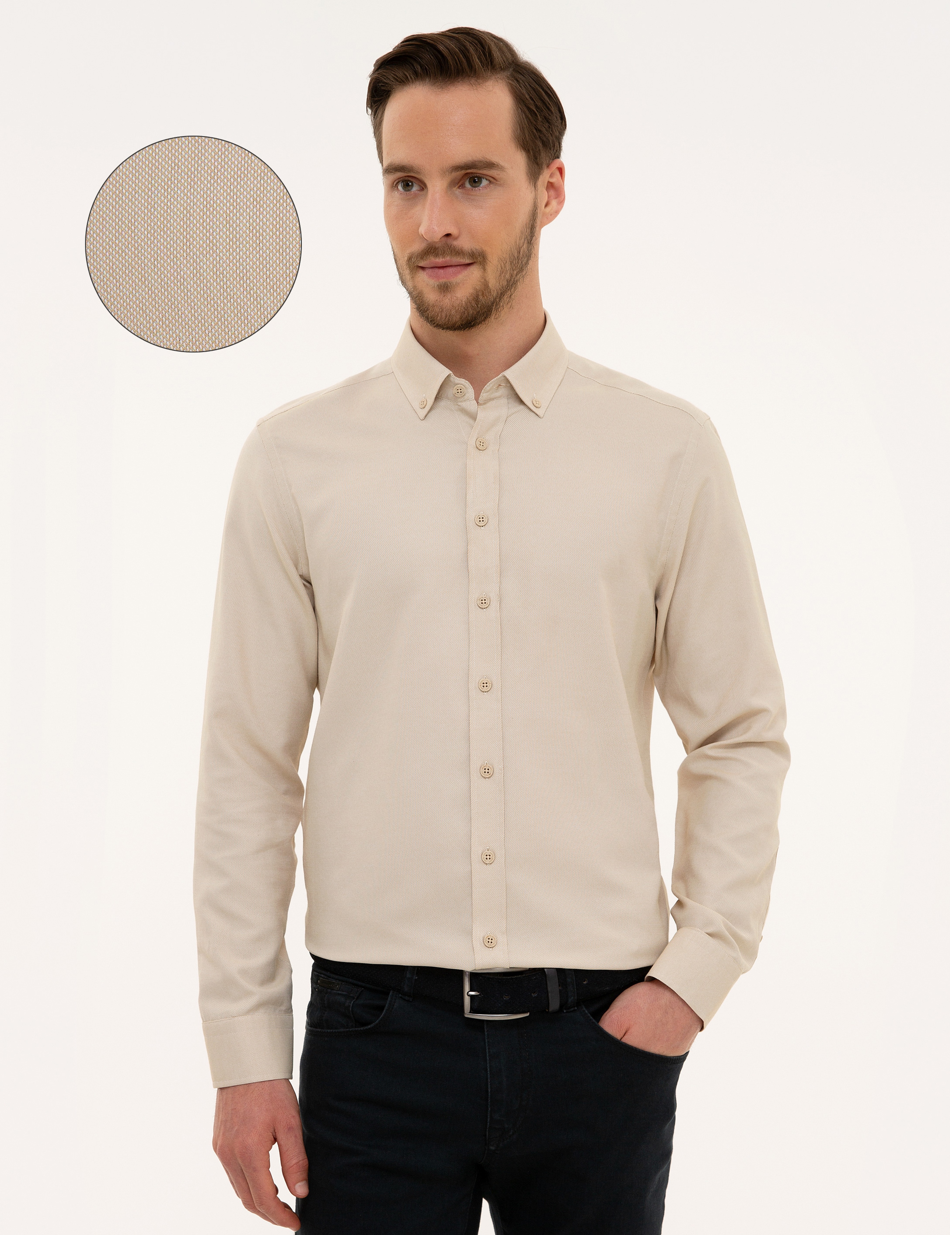 Bej Slim Fit Oxford Gömlek - Image 1