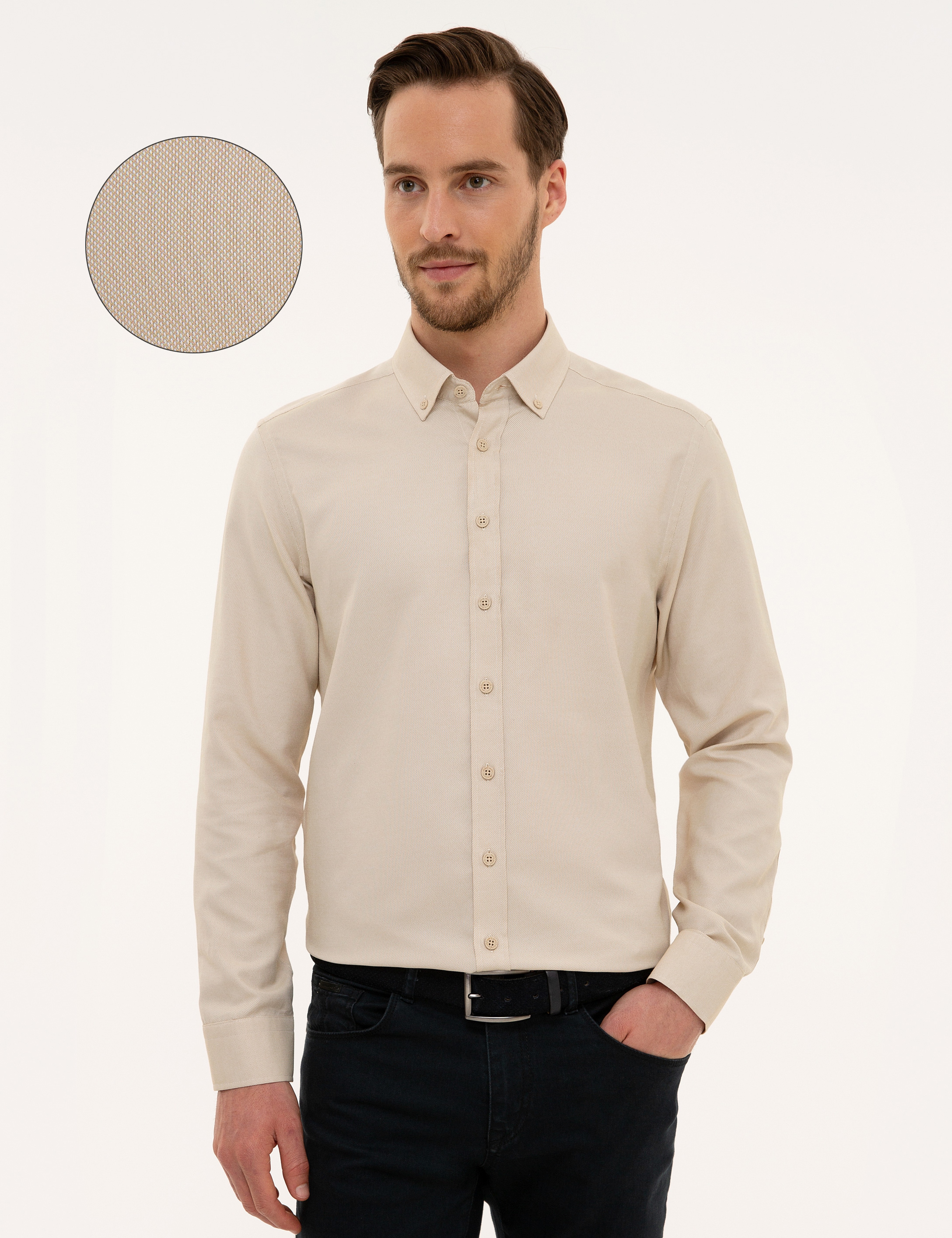 Bej Slim Fit Oxford Gömlek