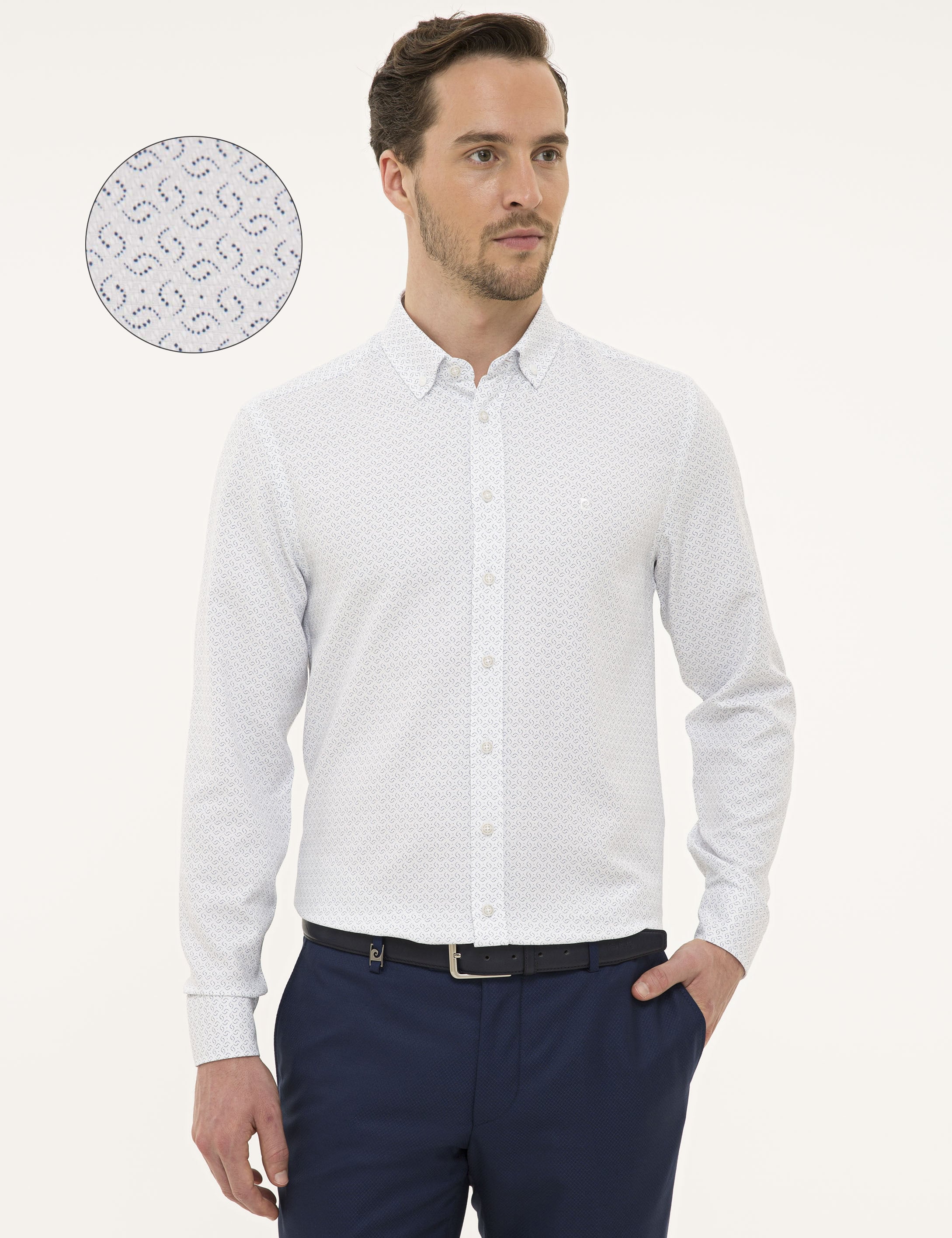 Lacivert Detaylı Beyaz Slim Fit Gömlek - Image 1