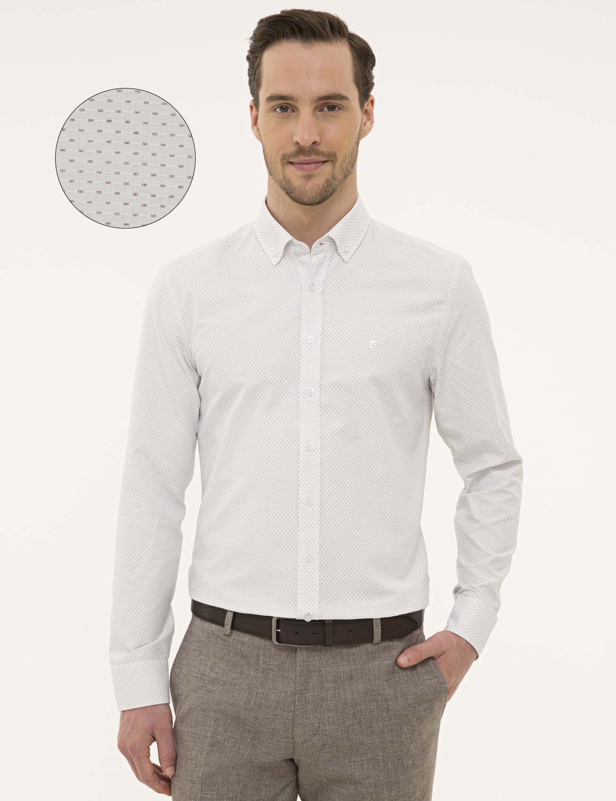 Kahverengi Detaylı Beyaz Slim Fit Gömlek