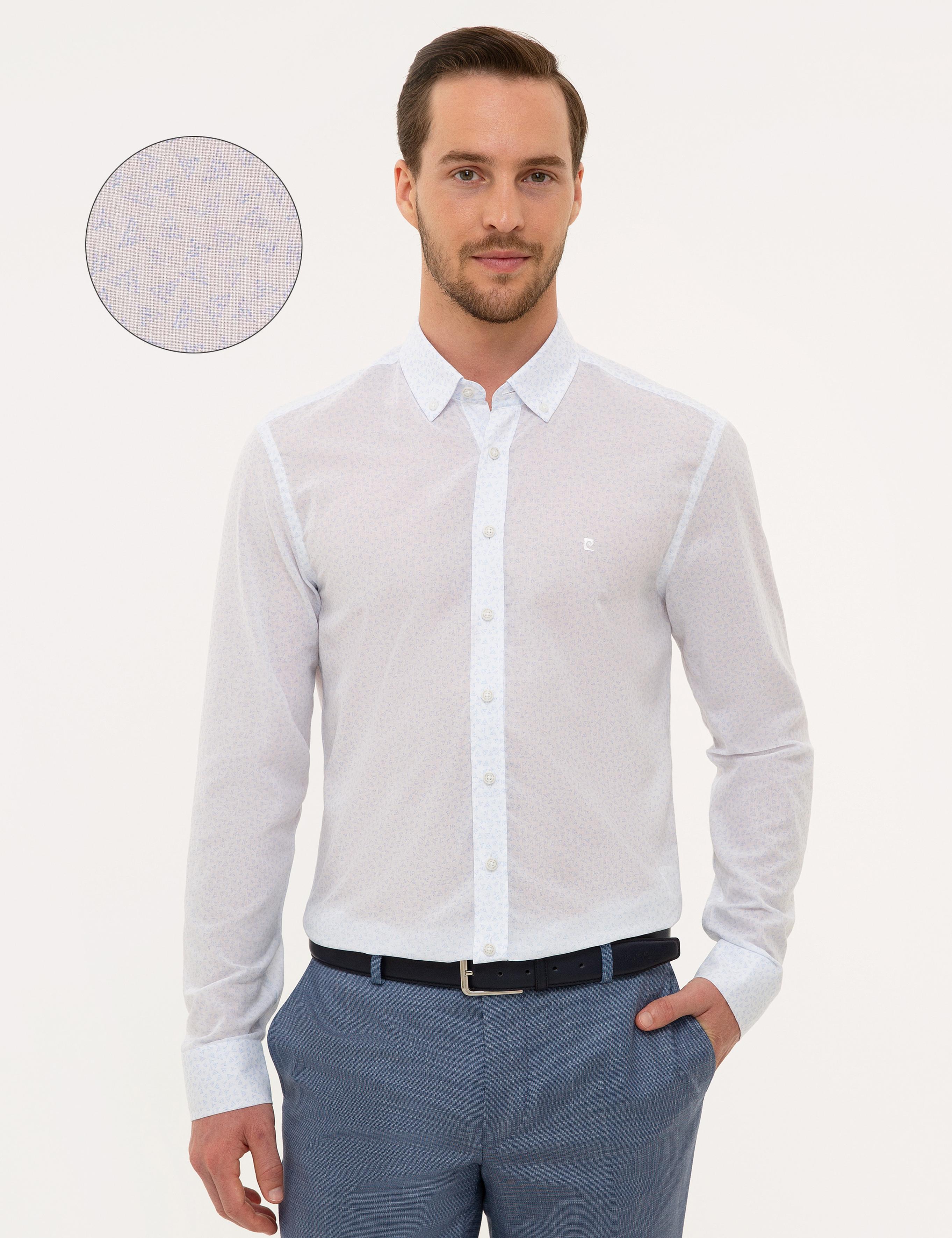 Mavi Detaylı Beyaz Slim Fit Gömlek