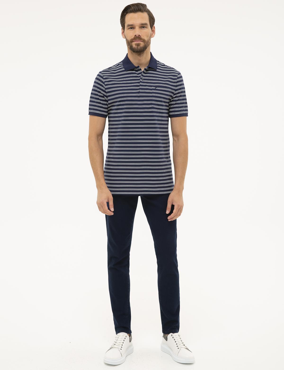 Lacivert Regular Fit Çizgili Polo Yaka Tişört - 50226911016