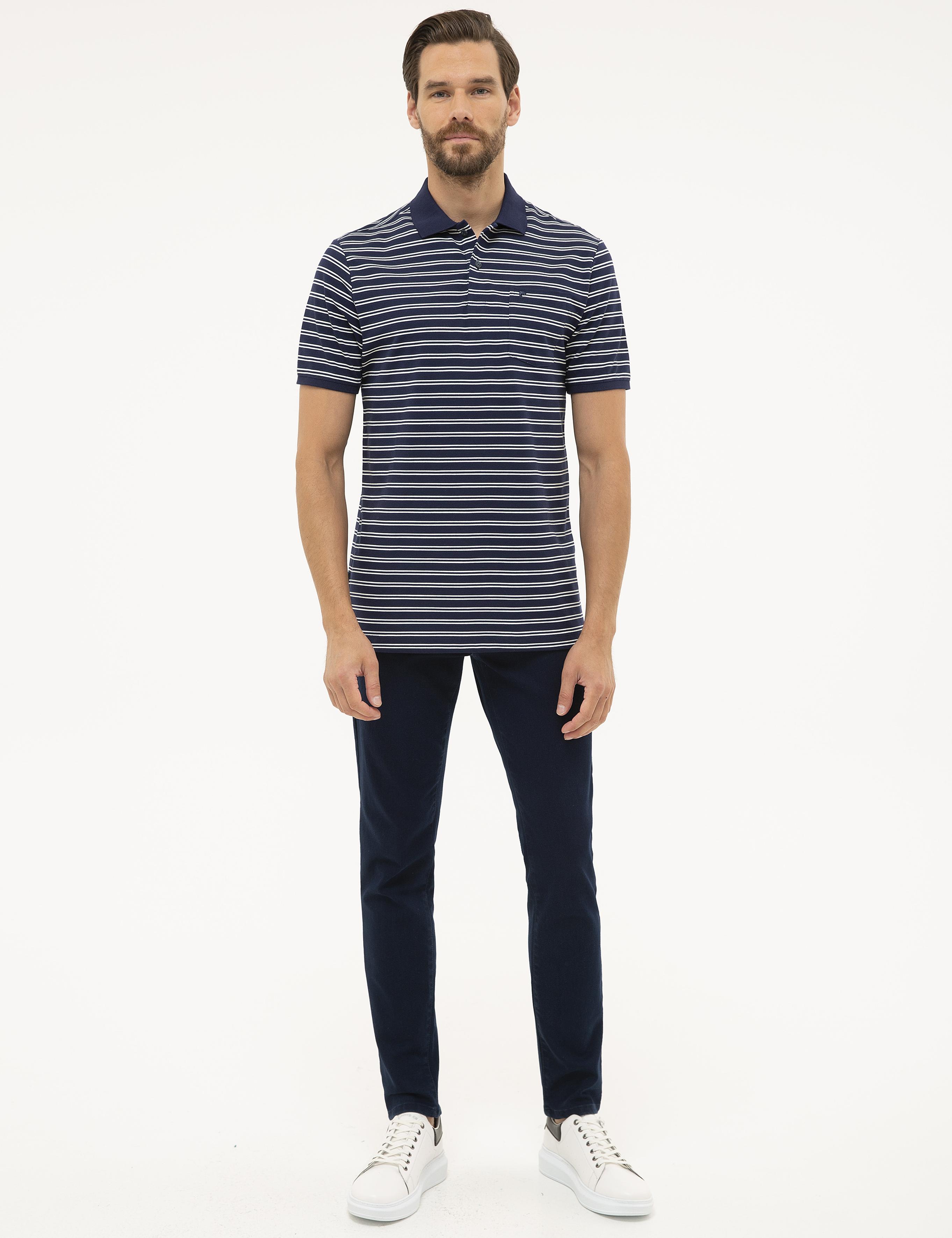 Lacivert Regular Fit Çizgili Polo Yaka Tişört
