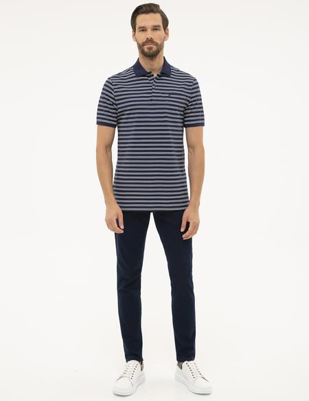 Lacivert Regular Fit Çizgili Polo Yaka Tişört - 50226911016