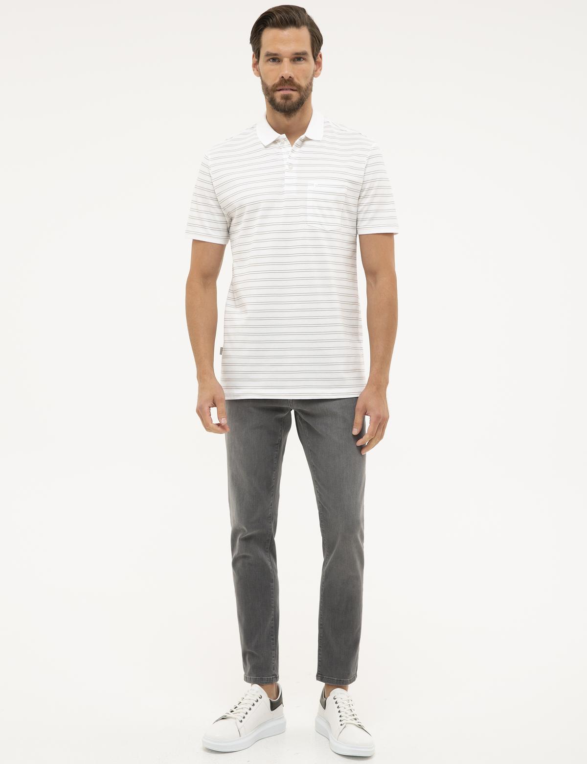 Beyaz Regular Fit Çizgili Polo Yaka Tişört - 50226911007