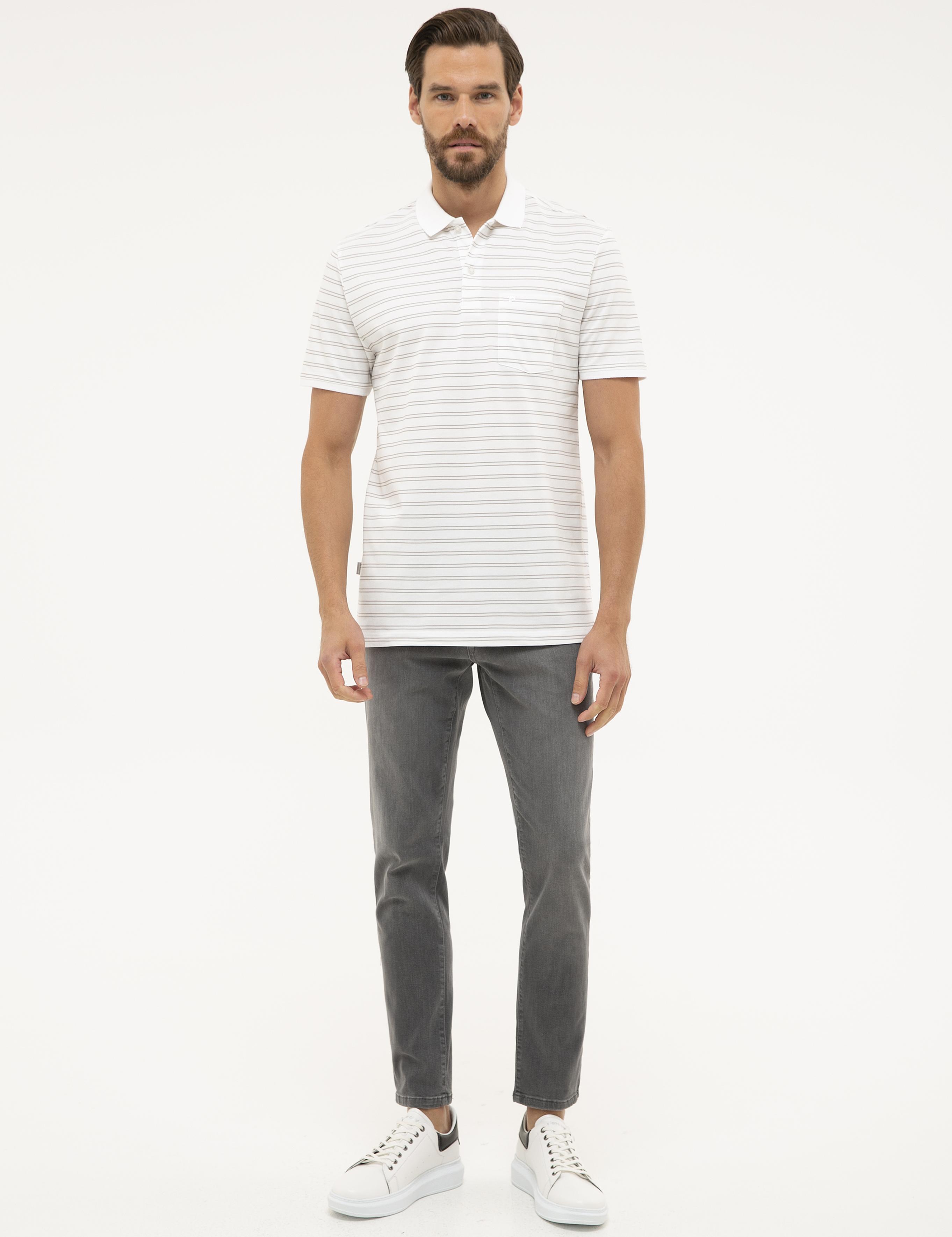 Beyaz Regular Fit Çizgili Polo Yaka Tişört