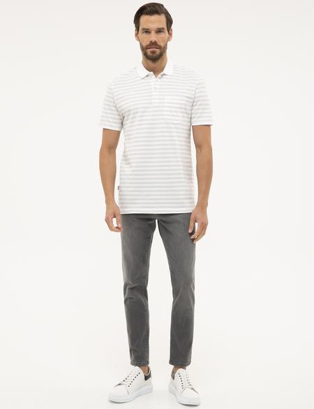 Beyaz Regular Fit Çizgili Polo Yaka Tişört - 50226911007