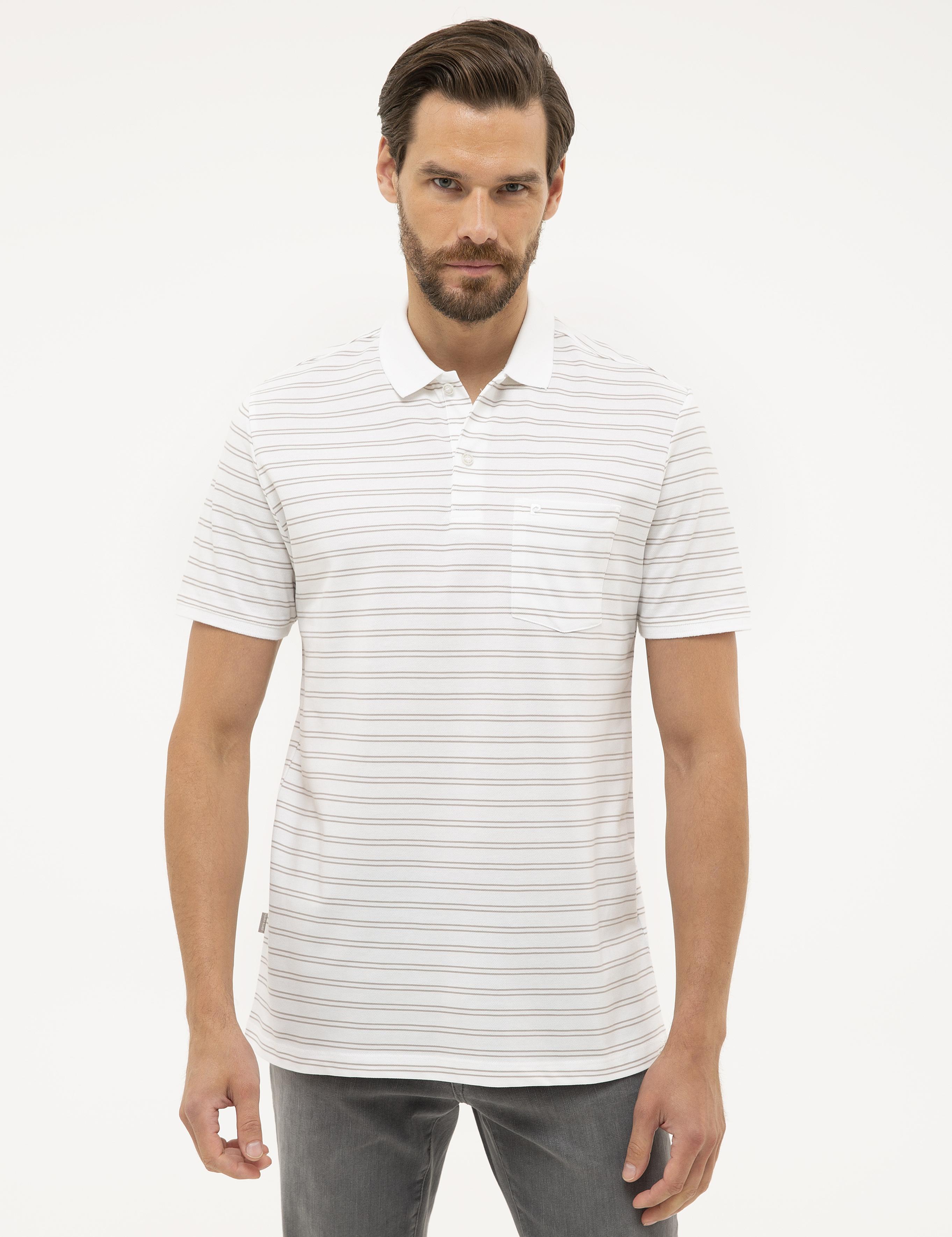 Beyaz Regular Fit Çizgili Polo Yaka Tişört