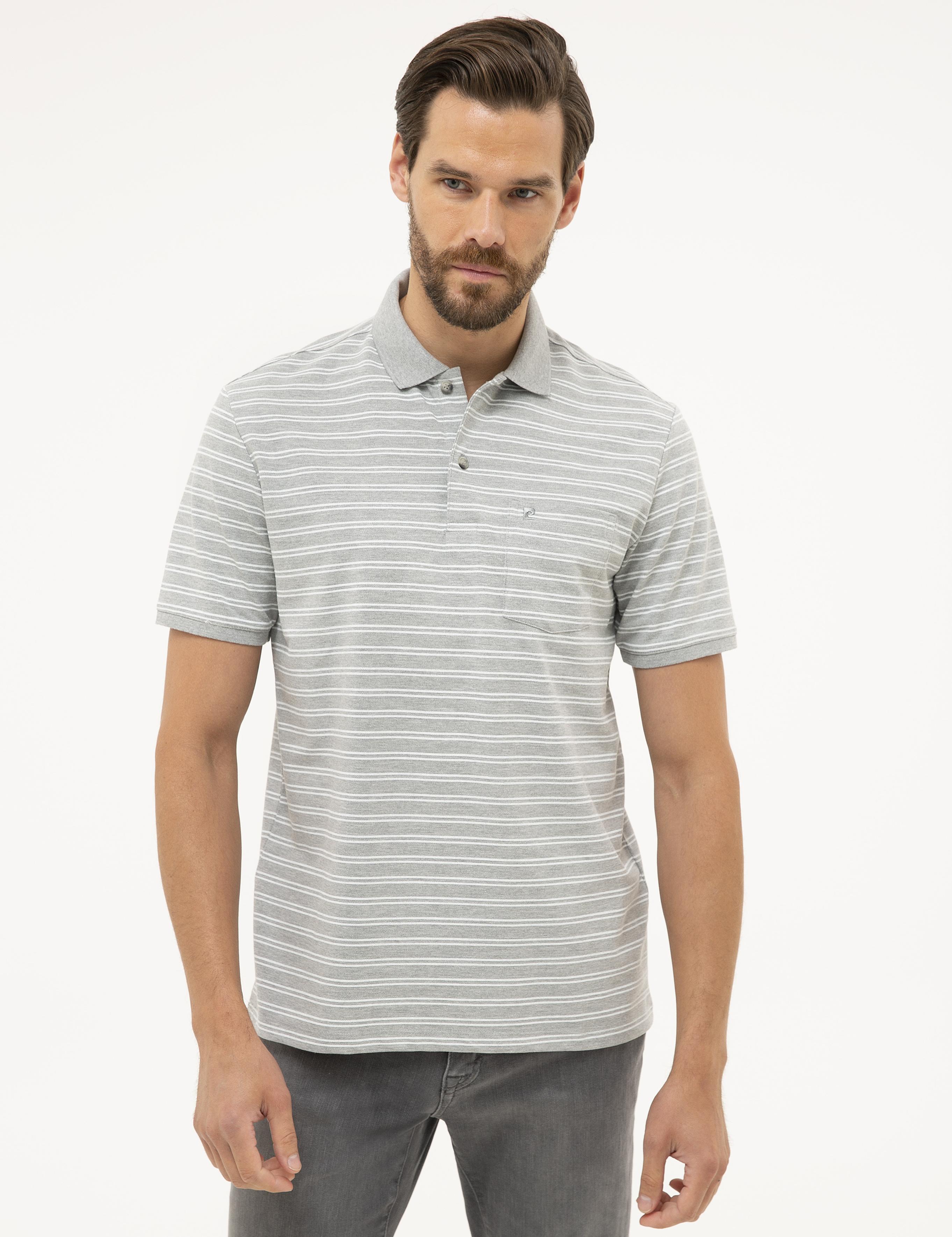 Gri Melanj Regular Fit Çizgili Polo Yaka Tişört