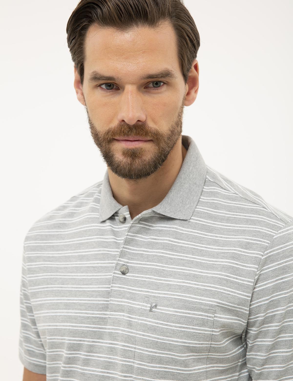 Gri Melanj Regular Fit Çizgili Polo Yaka Tişört - 50226911025