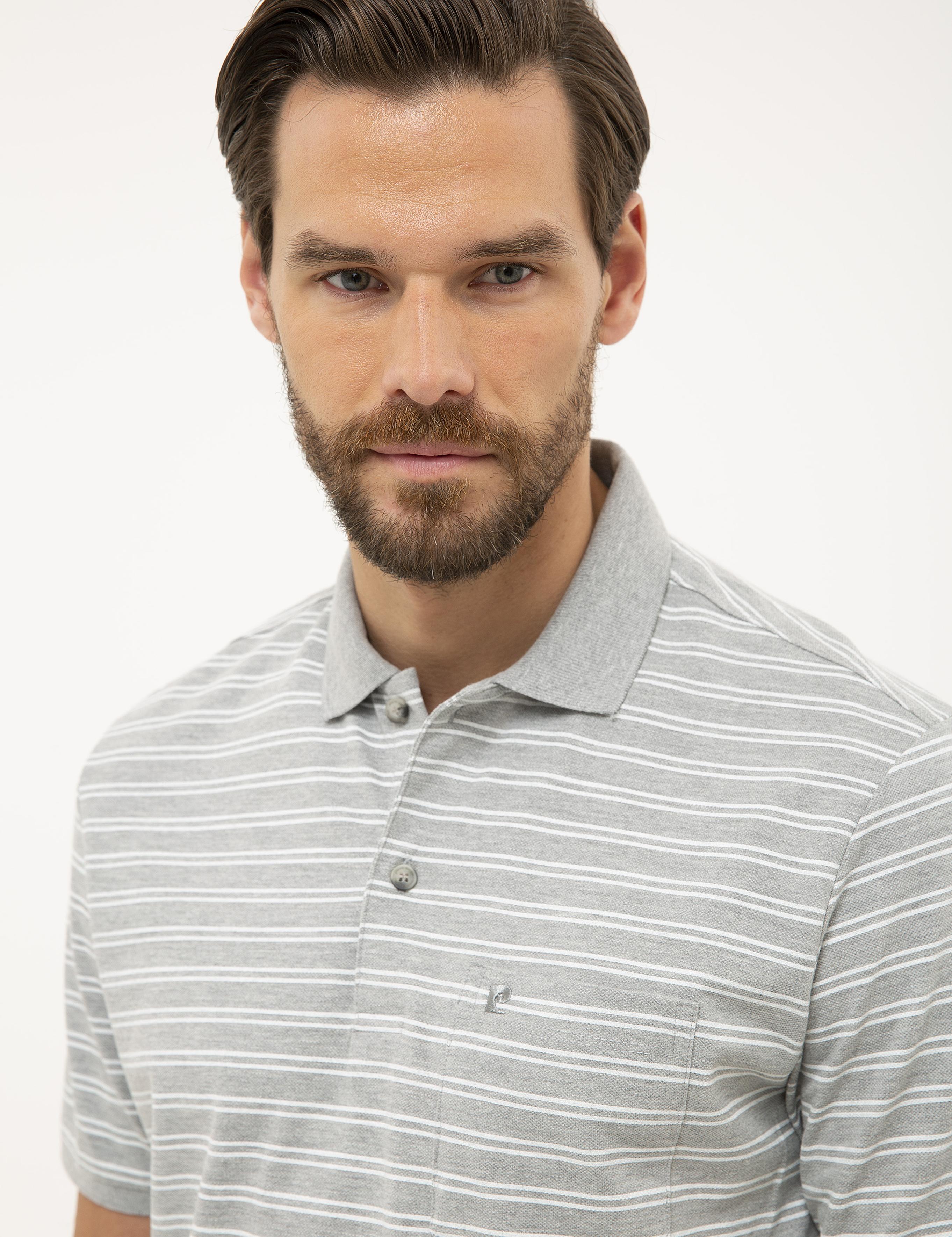 Gri Melanj Regular Fit Çizgili Polo Yaka Tişört