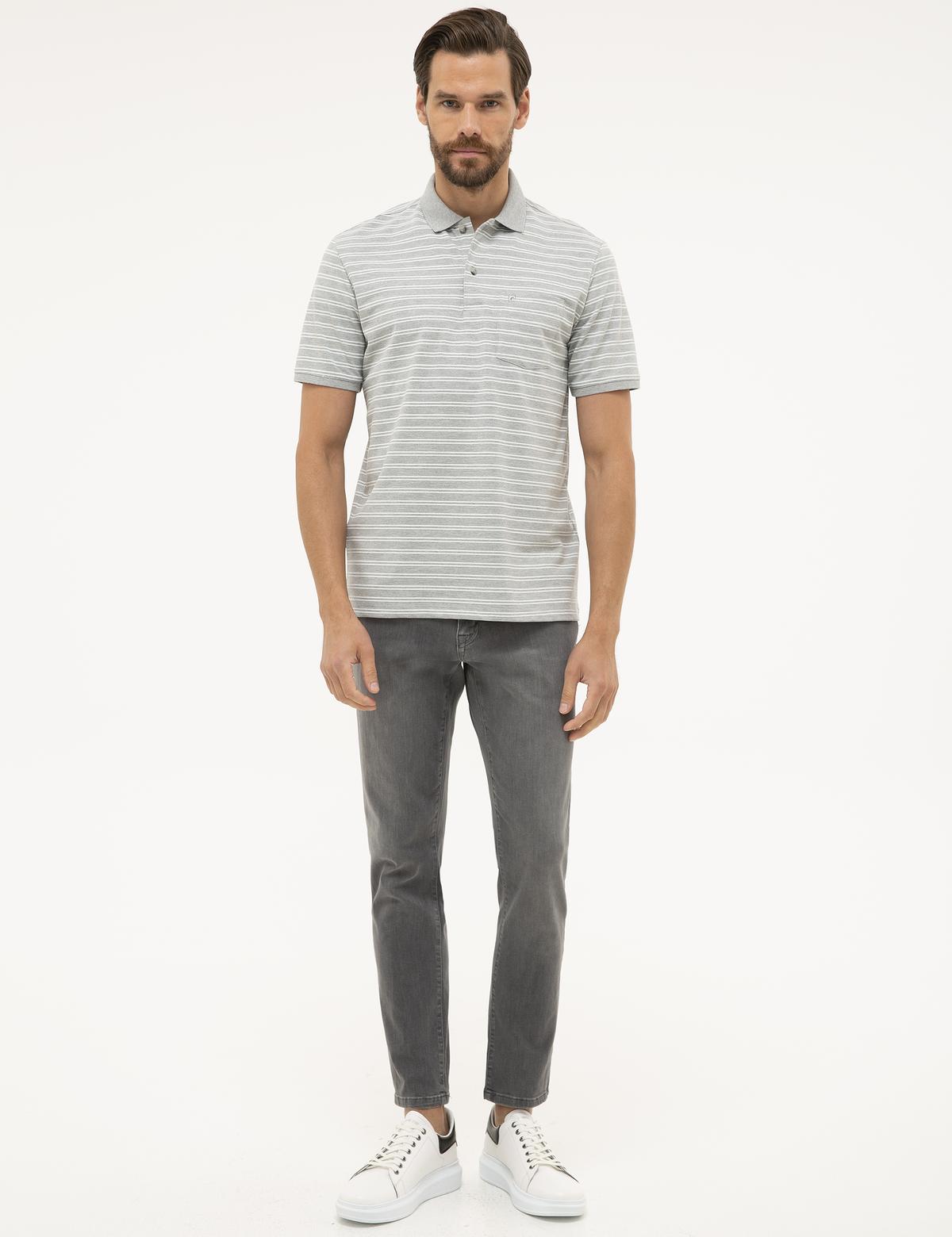 Gri Melanj Regular Fit Çizgili Polo Yaka Tişört - 50226911025