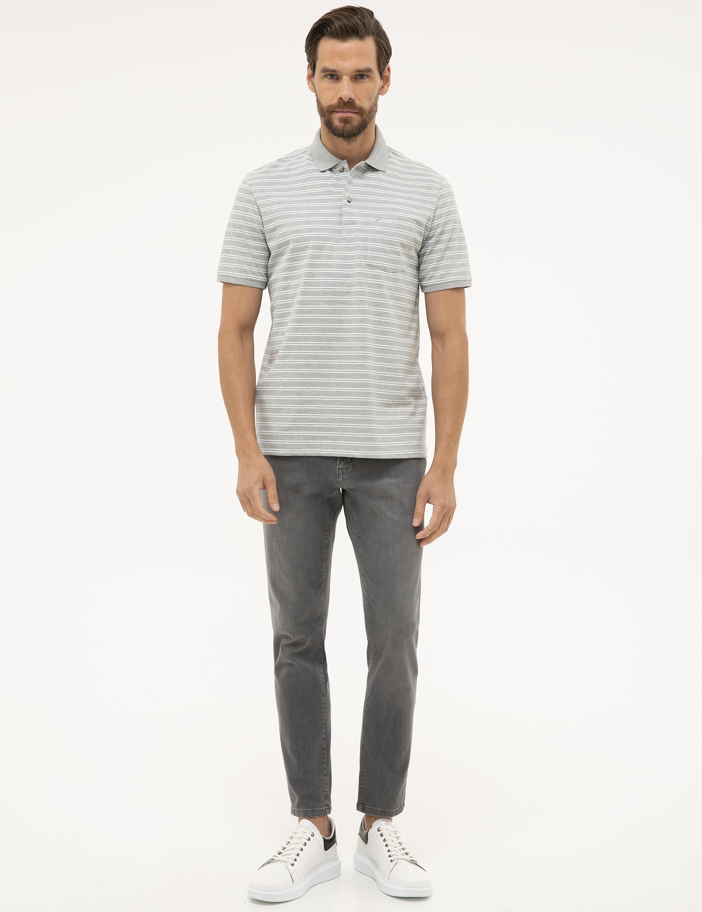 Gri Melanj Regular Fit Çizgili Polo Yaka Tişört