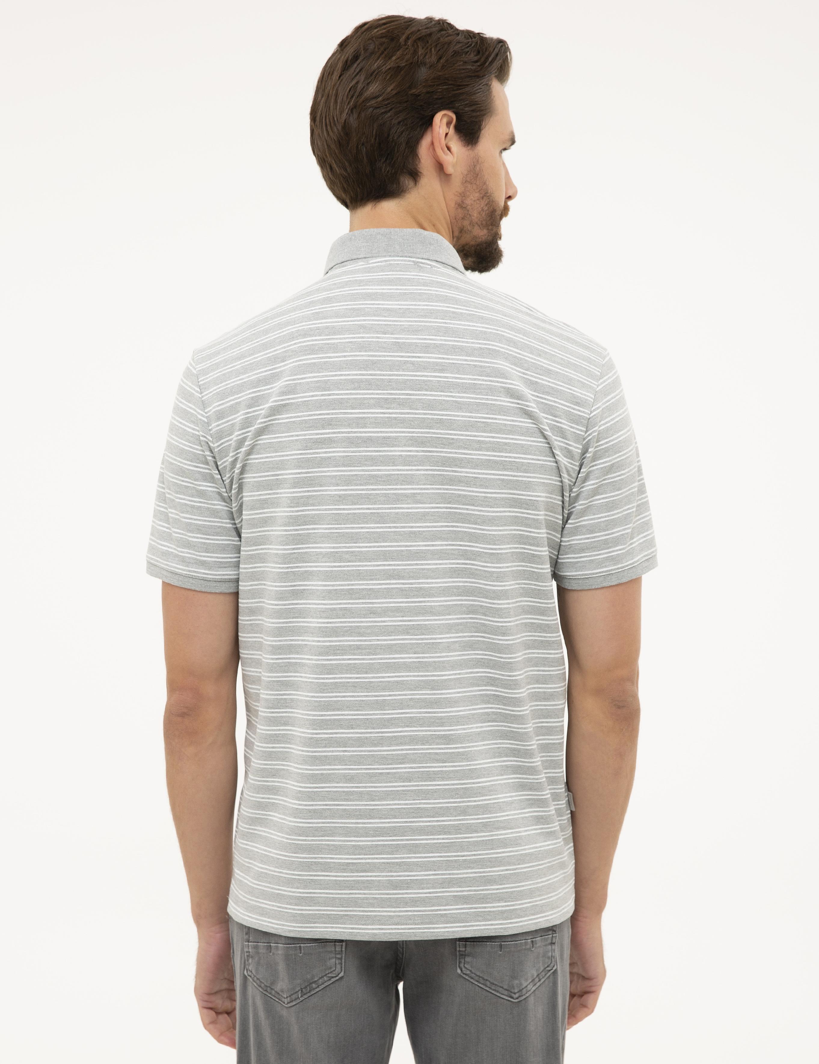 Gri Melanj Regular Fit Çizgili Polo Yaka Tişört