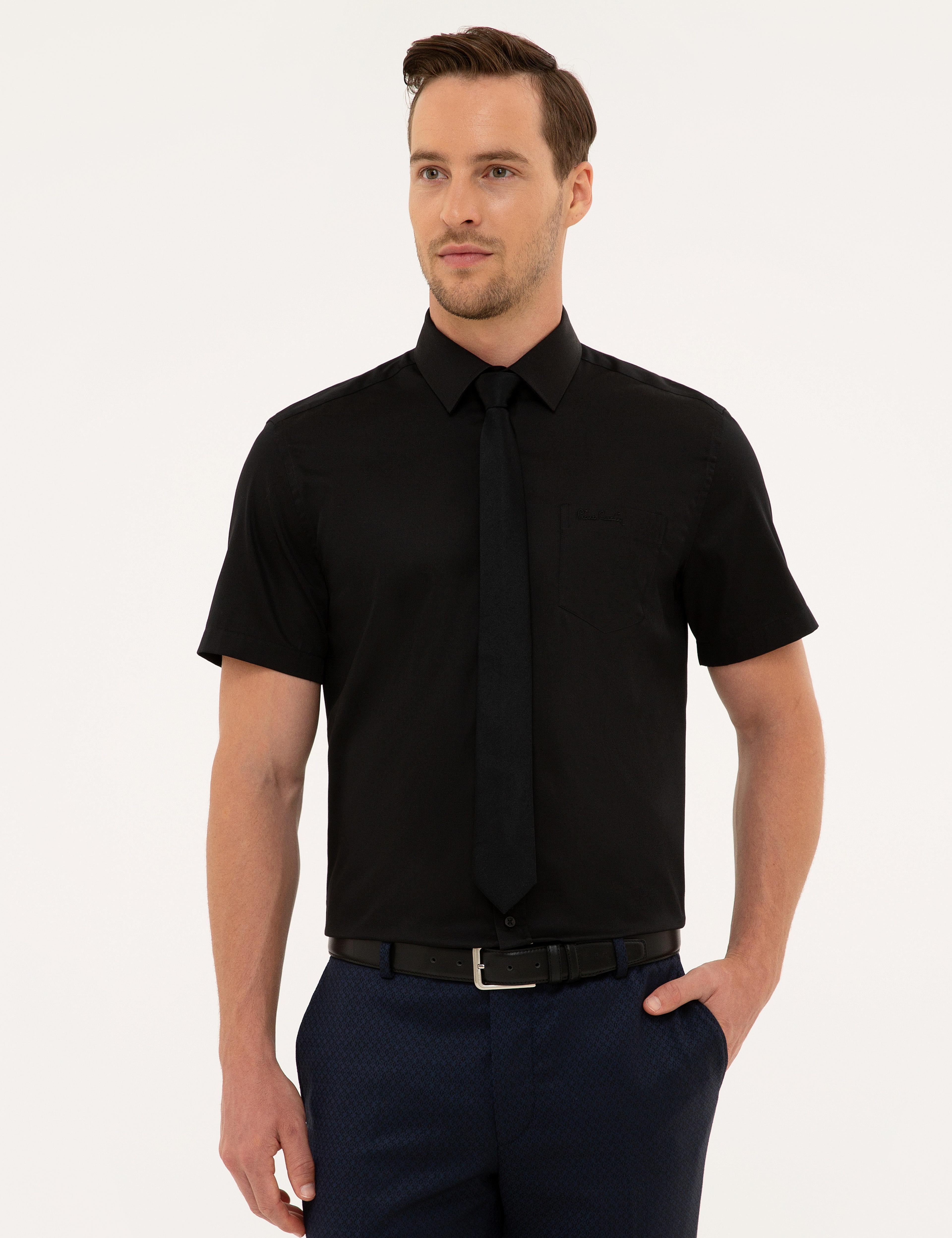 Siyah Regular Fit Kısa Kollu Gömlek - Image 1